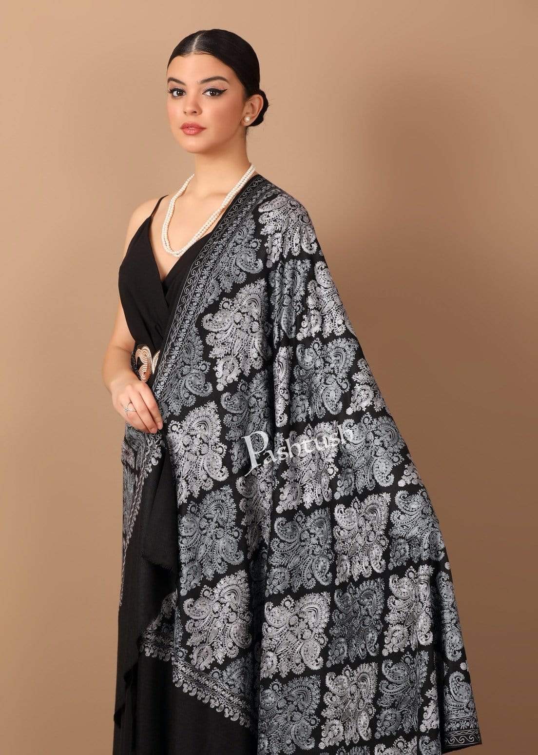 Pashtush Womens 100% Pure Wool Nalki Embroidery Needlework Shawl, Black( Woolmark ) - Image 6