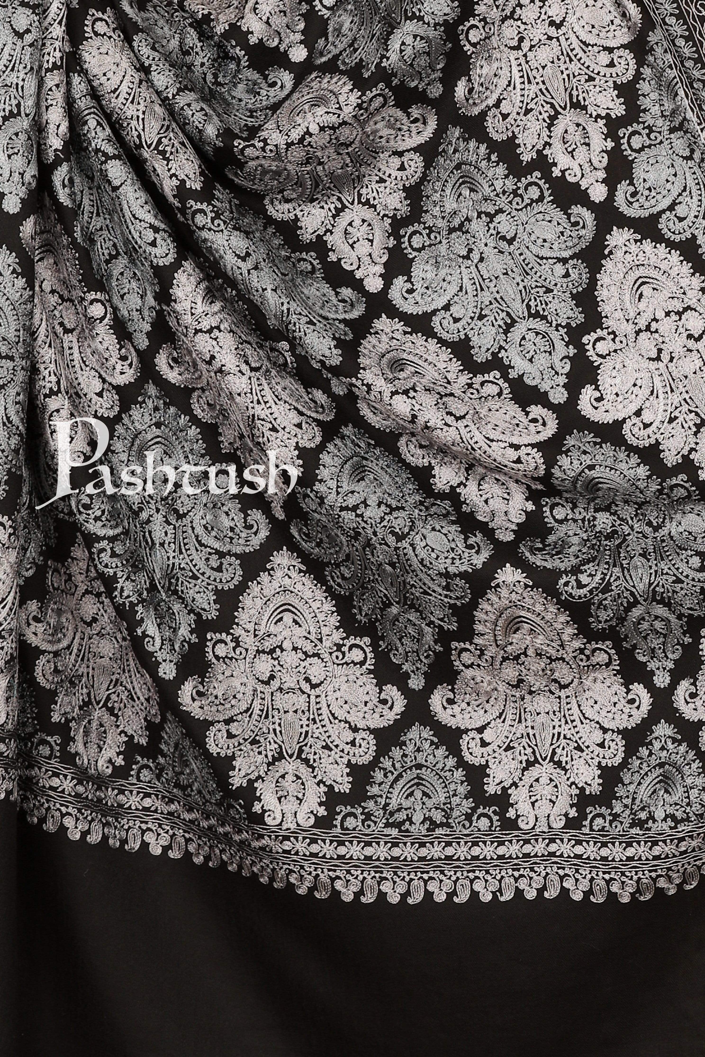 Pashtush Womens, Nalki Embroidery Needlework Shawl, Black 100% Pure Wool Woolmark - Image 2