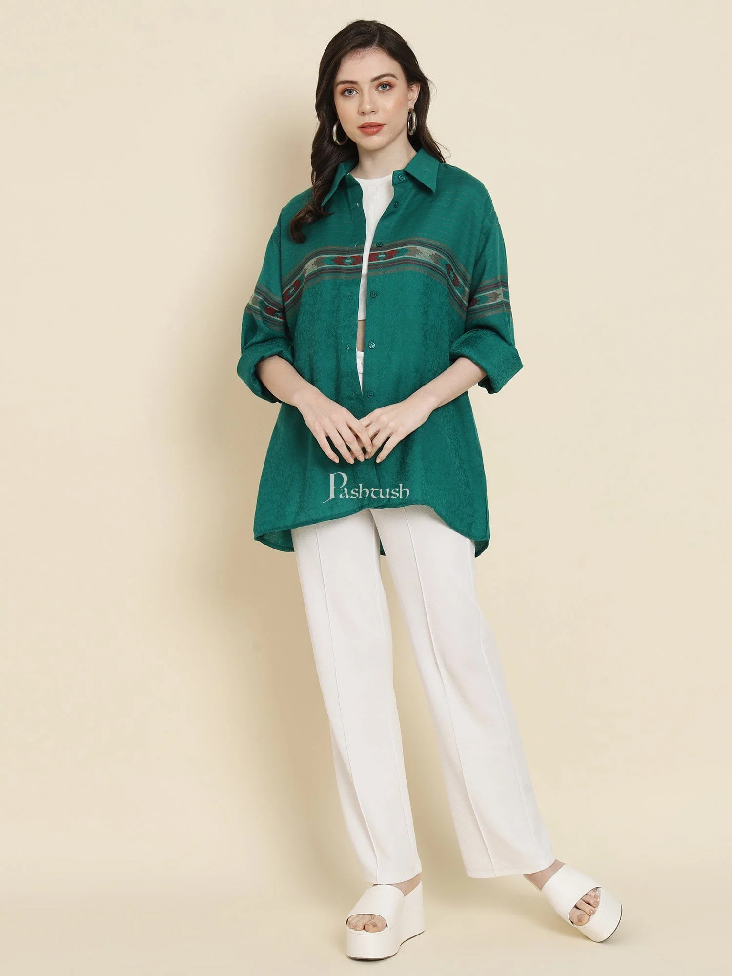 Pashtush Womens Oversized Casual Woollen Shirt, Bottle Green - Image 3