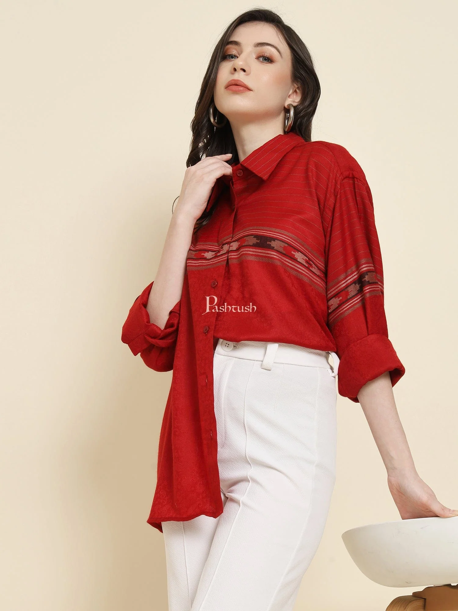 Pashtush Womens Oversized Casual Woollen Shirt, Cherry Red - Image 2