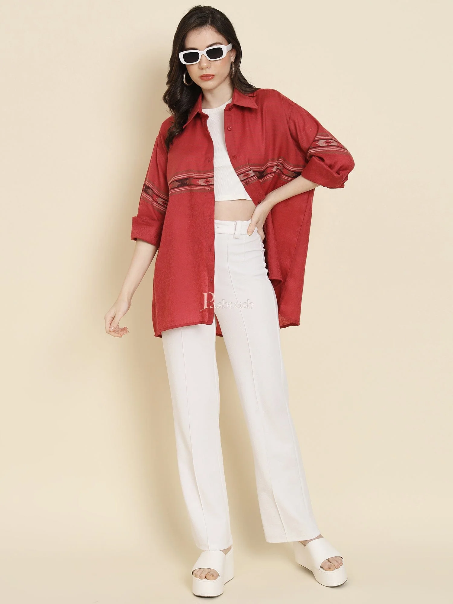 Pashtush Womens Oversized Casual Woollen Shirt, Persian Red - Image 2
