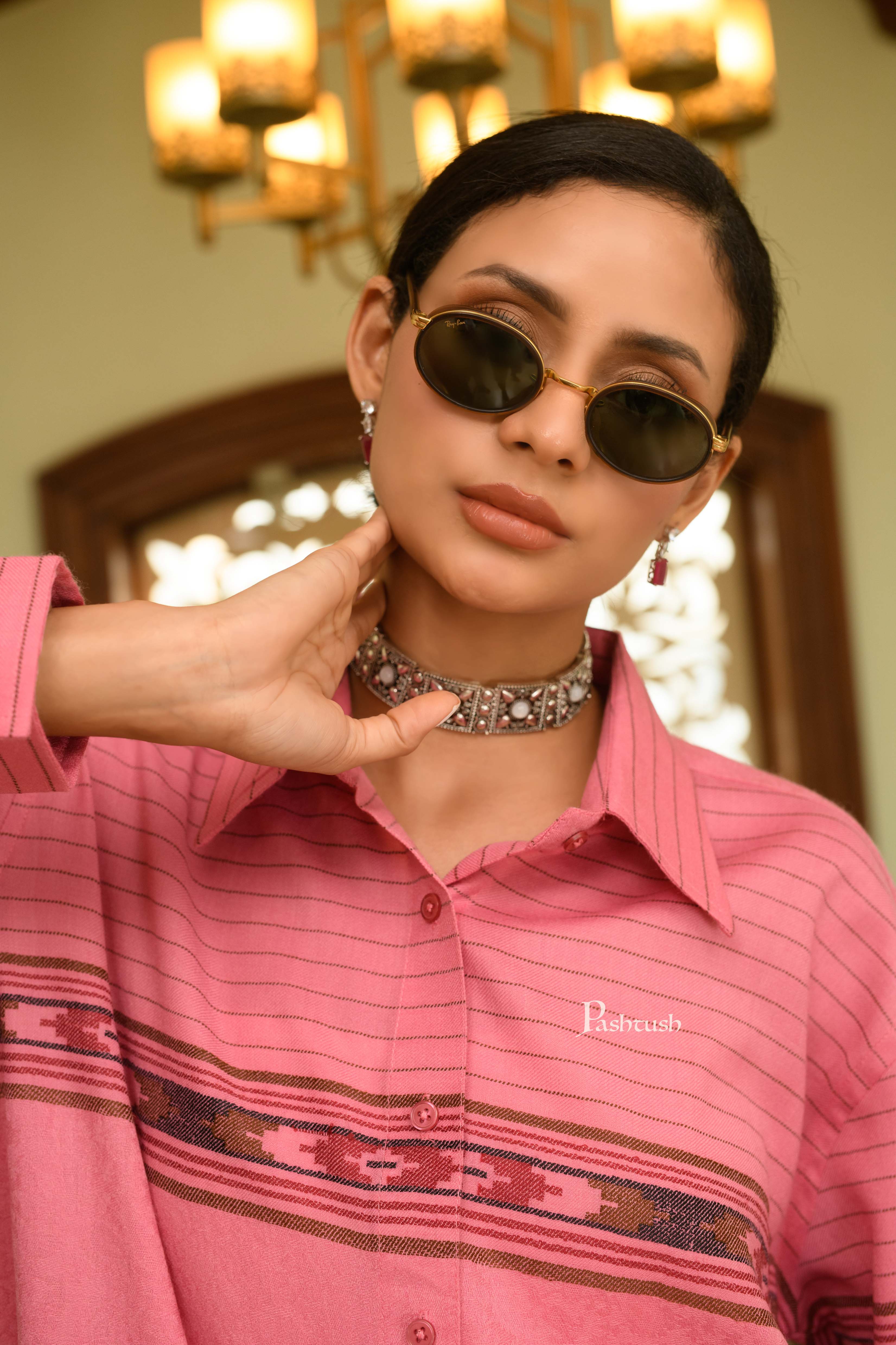 Pashtush Womens Oversized Casual Woollen Shirt, Blush Pink - Image 2