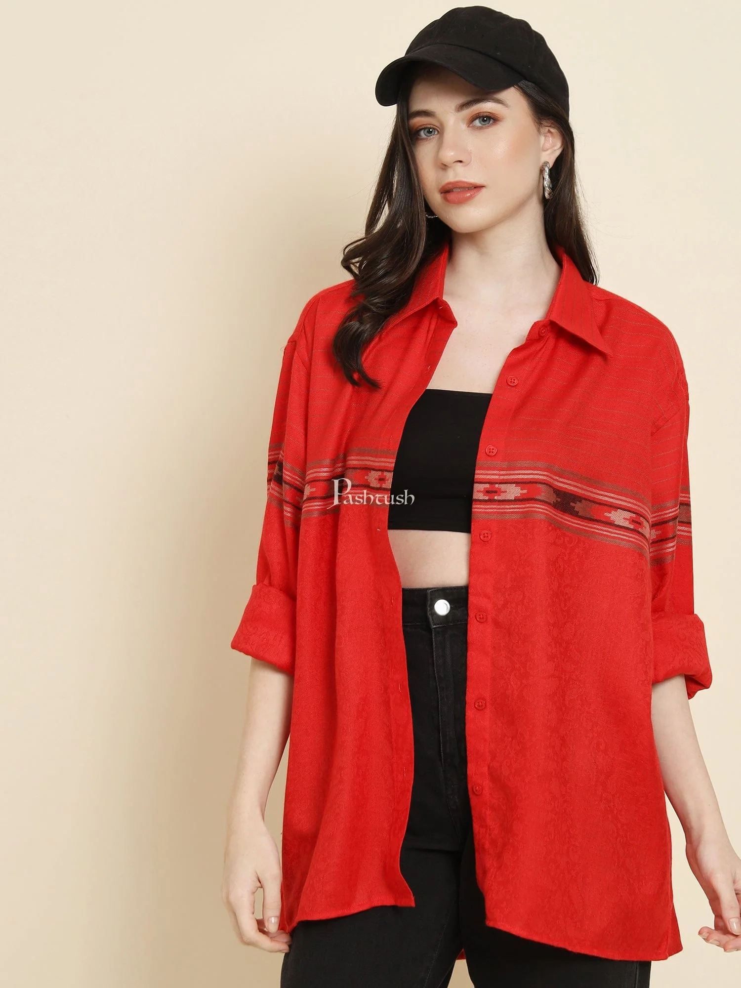 Pashtush Womens Oversized Casual Woollen Shirt, Red - Image 2