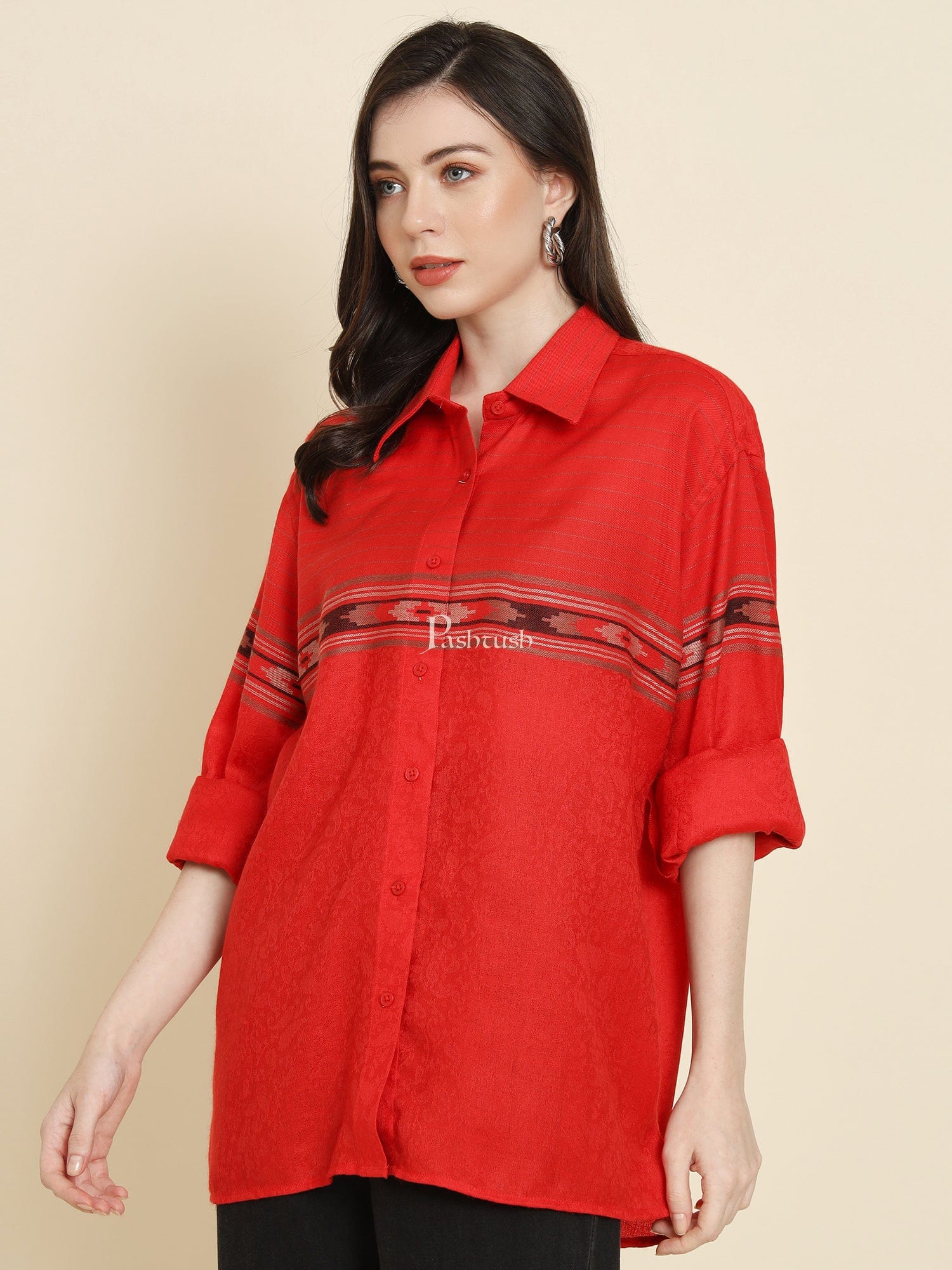 Pashtush Womens Oversized Casual Woollen Shirt, Red - Image 4