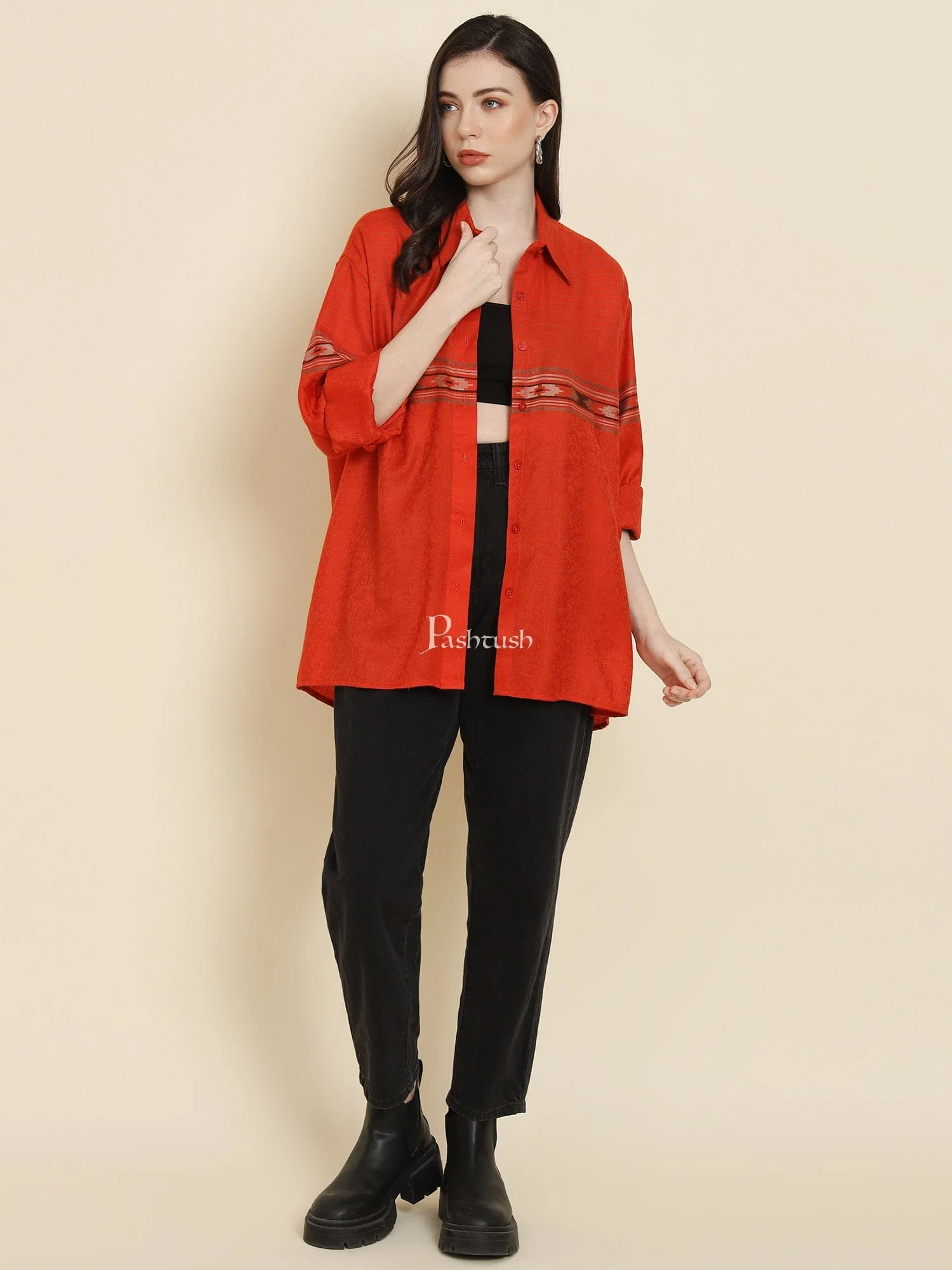 Pashtush Womens Oversized Casual Woollen Shirt, Scarlet Red - Image 3