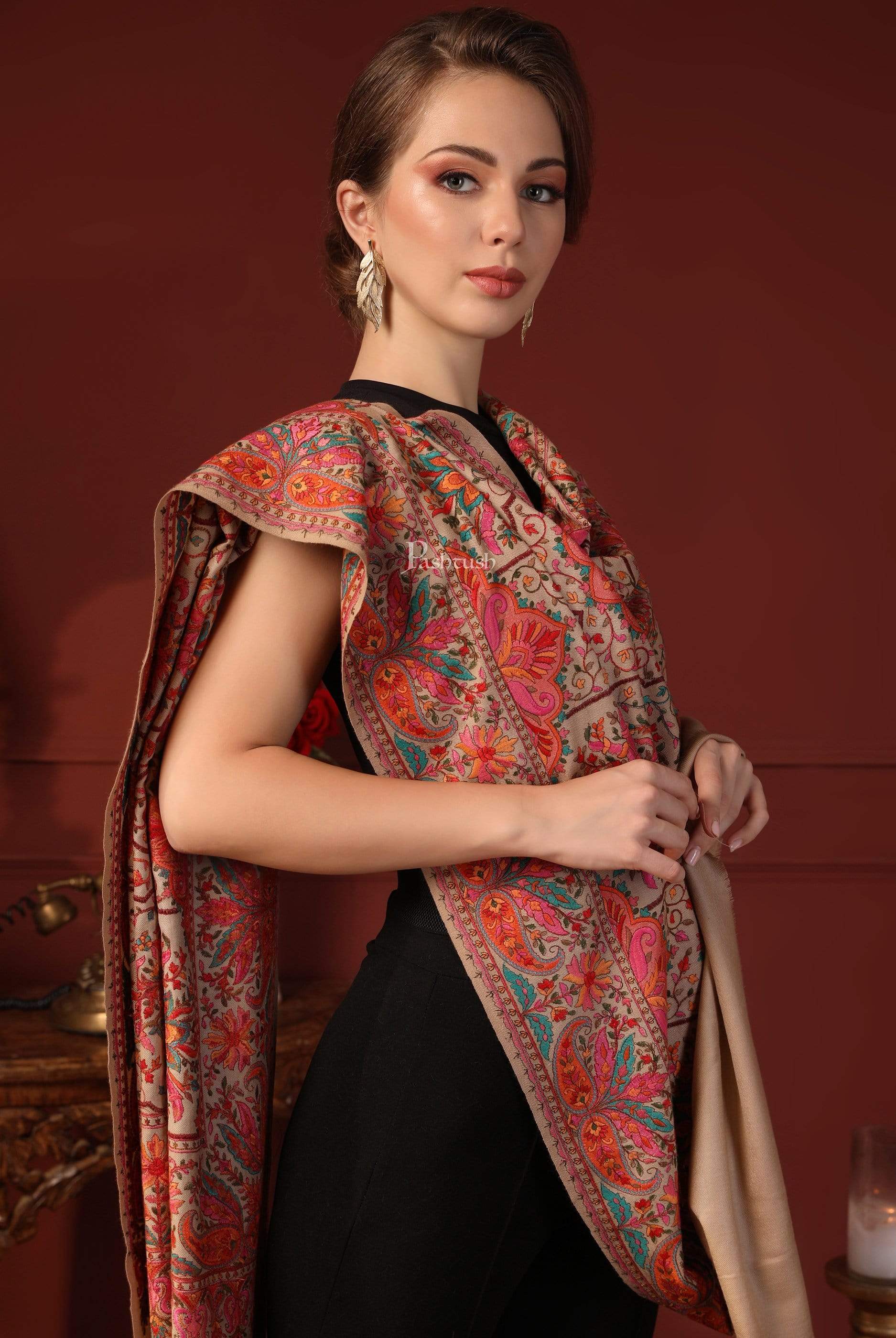 Pashtush Womens Papier-MâChé Embroidered Shawl, Fine Wool With Silky Embroidery - Image 5