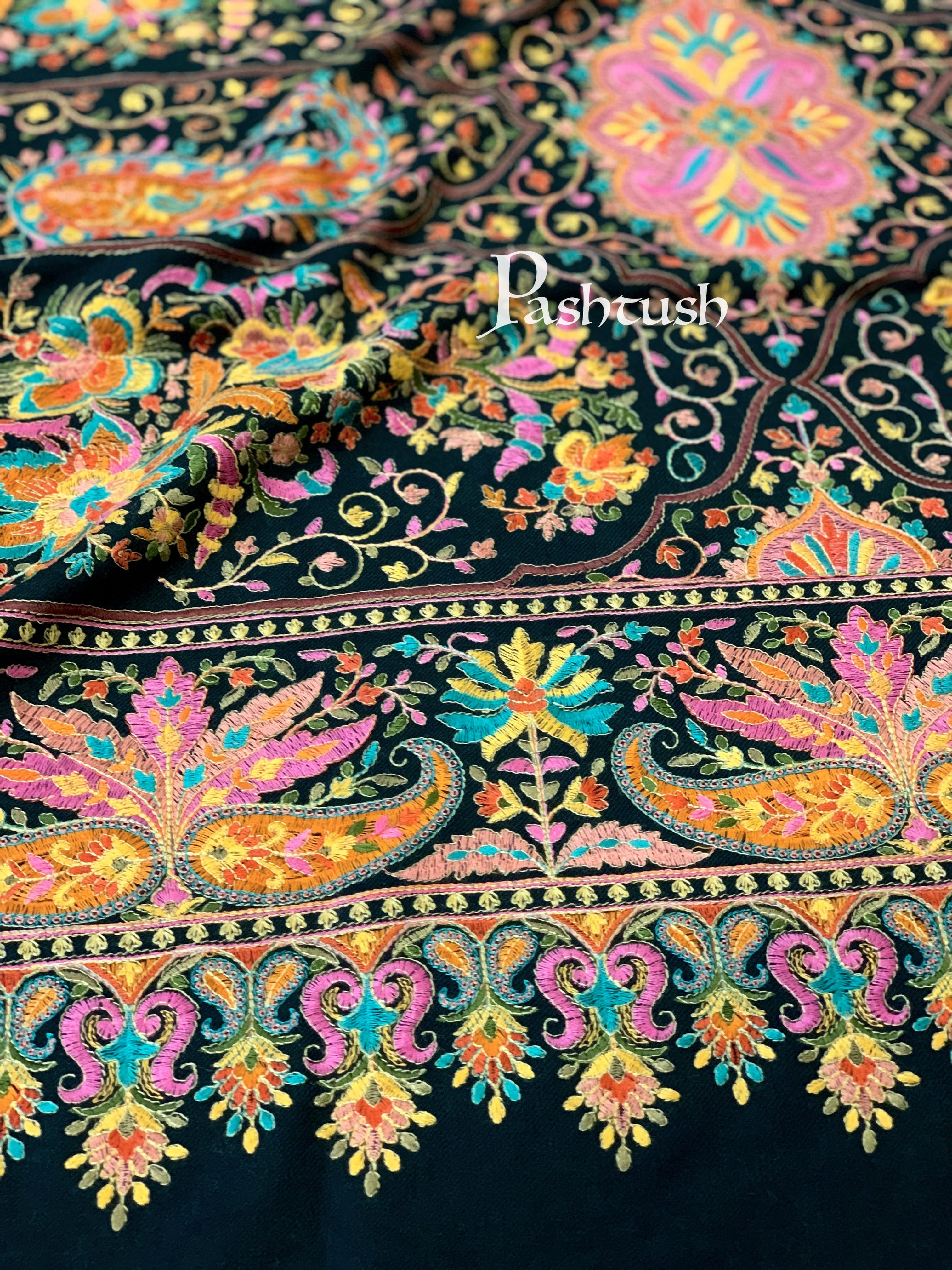 Pashtush Womens Papier-MâChé Embroidered Shawl, Fine Wool With Silky Embroidery, Black - Image 11