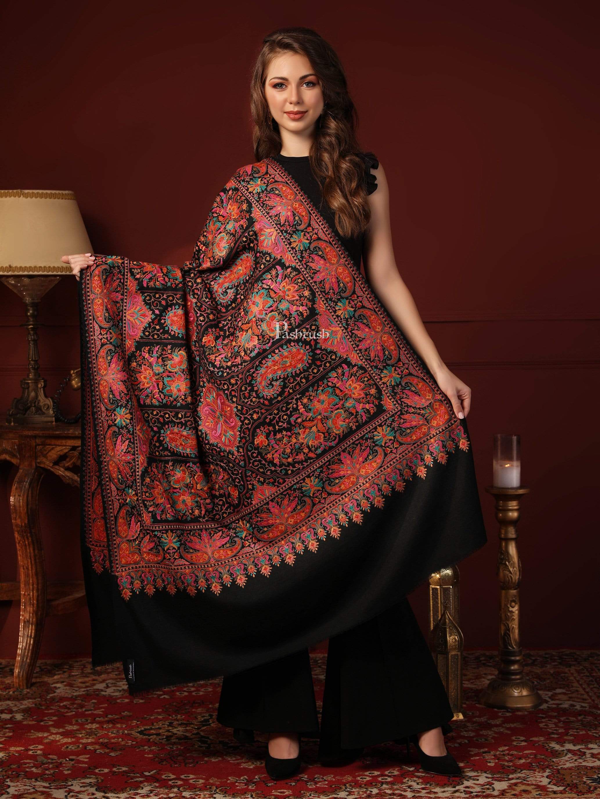 Pashtush Womens Papier-MâChé Embroidered Shawl, Fine Wool With Silky Embroidery, Black - Image 3