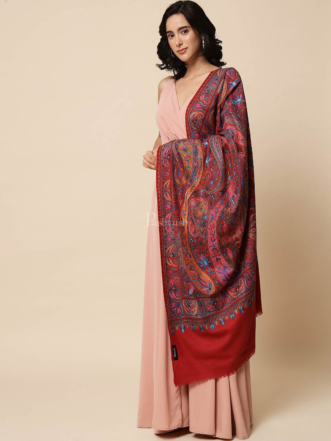 Pashtush Womens Papier Machè Embroidery Jaal Shawl, Extra Fine Wool - Crimson - Image 3