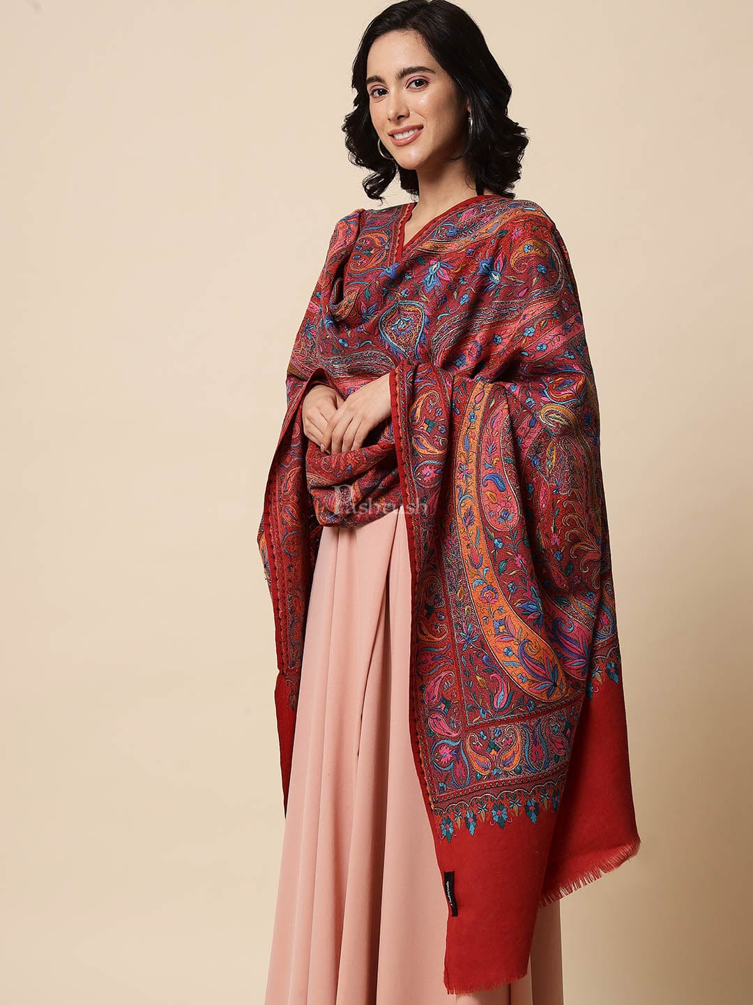Pashtush Womens Papier Machè Embroidery Jaal Shawl, Extra Fine Wool - Crimson - Image 5