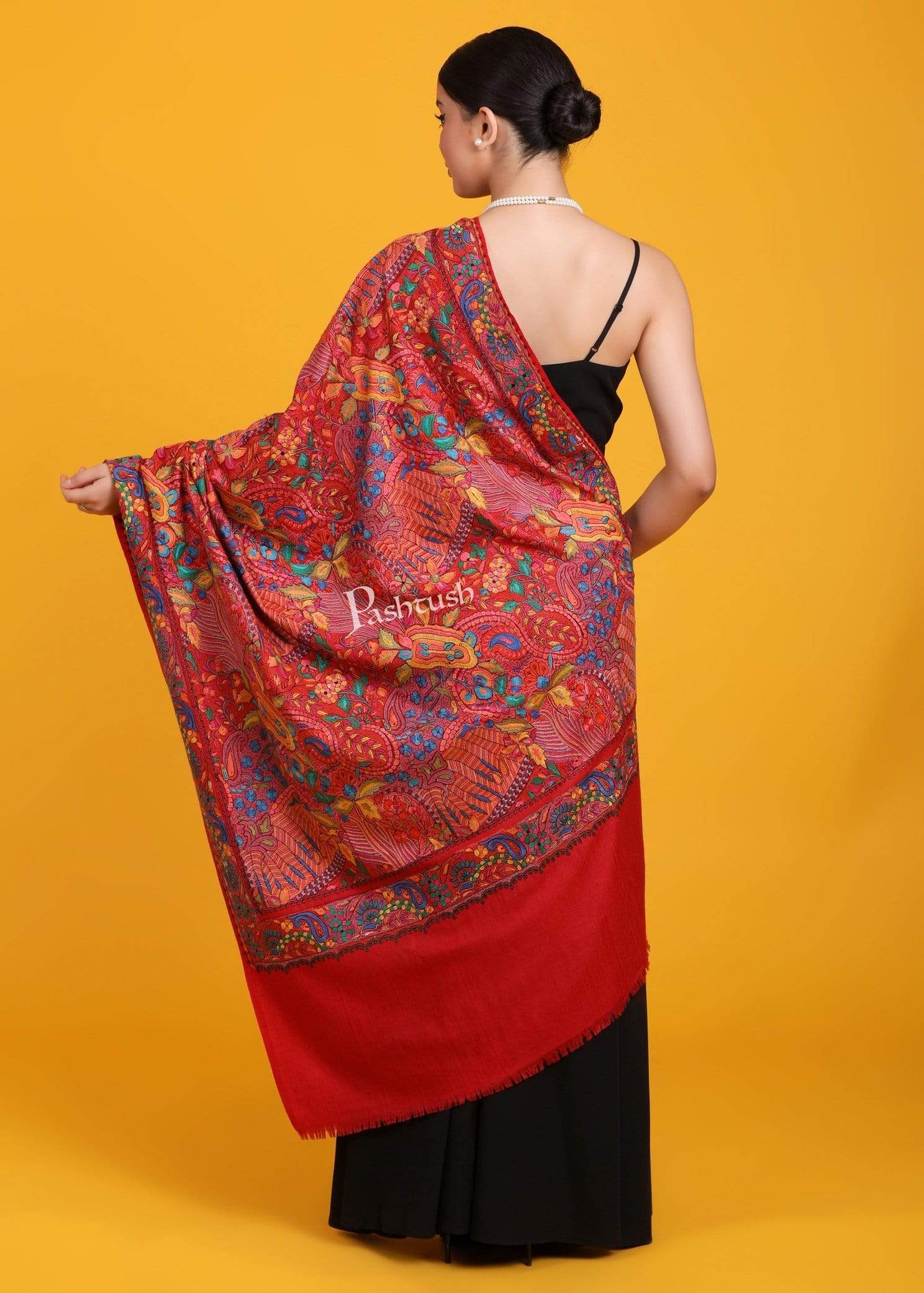 Pashtush Womens Papier Machè Embroidery Jaal Shawl - Fine Wool - Image 8