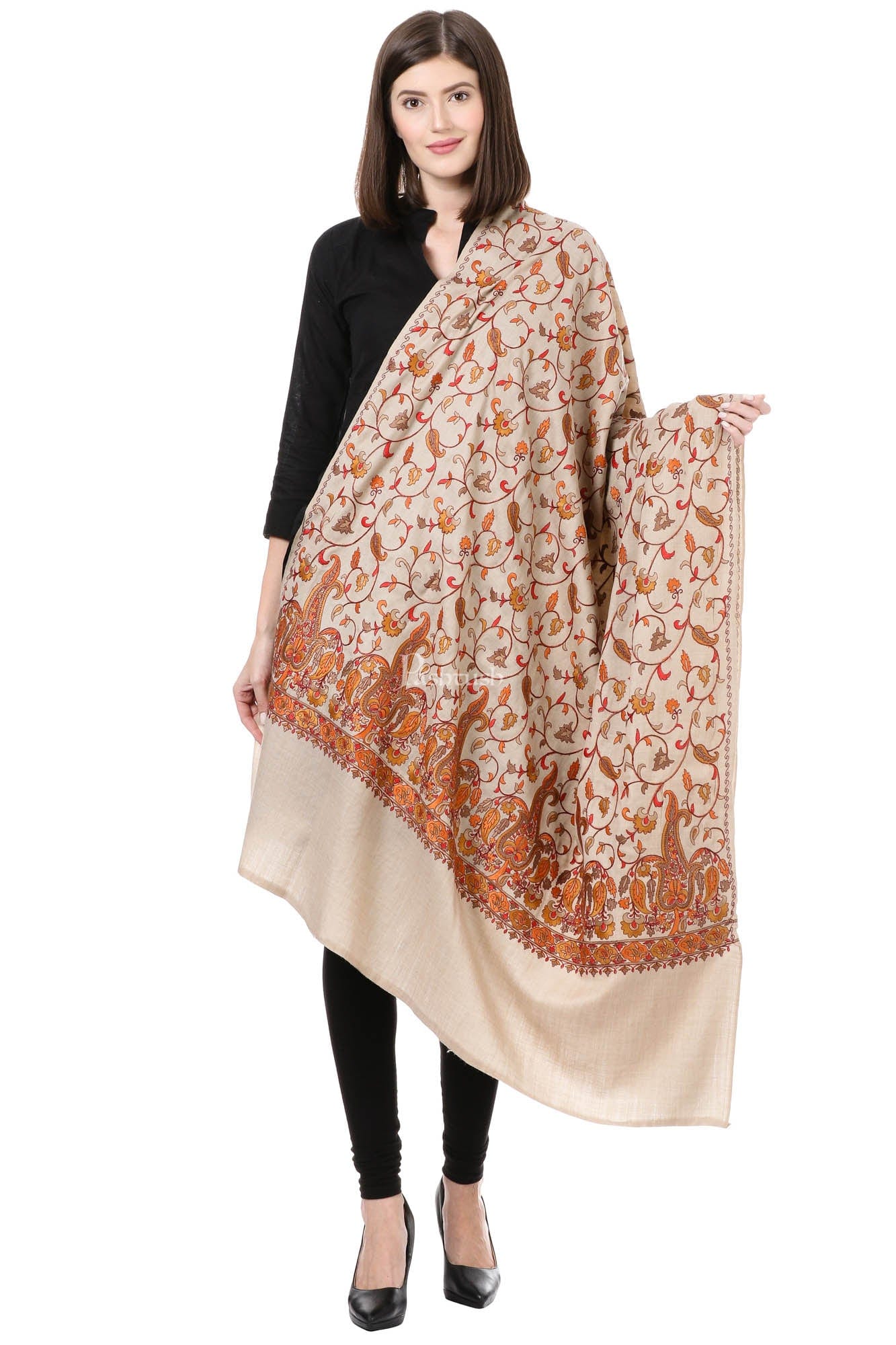 Pashtush Womens Papier Machè Embroidery Jaal Shawl - Sahara - Image 5