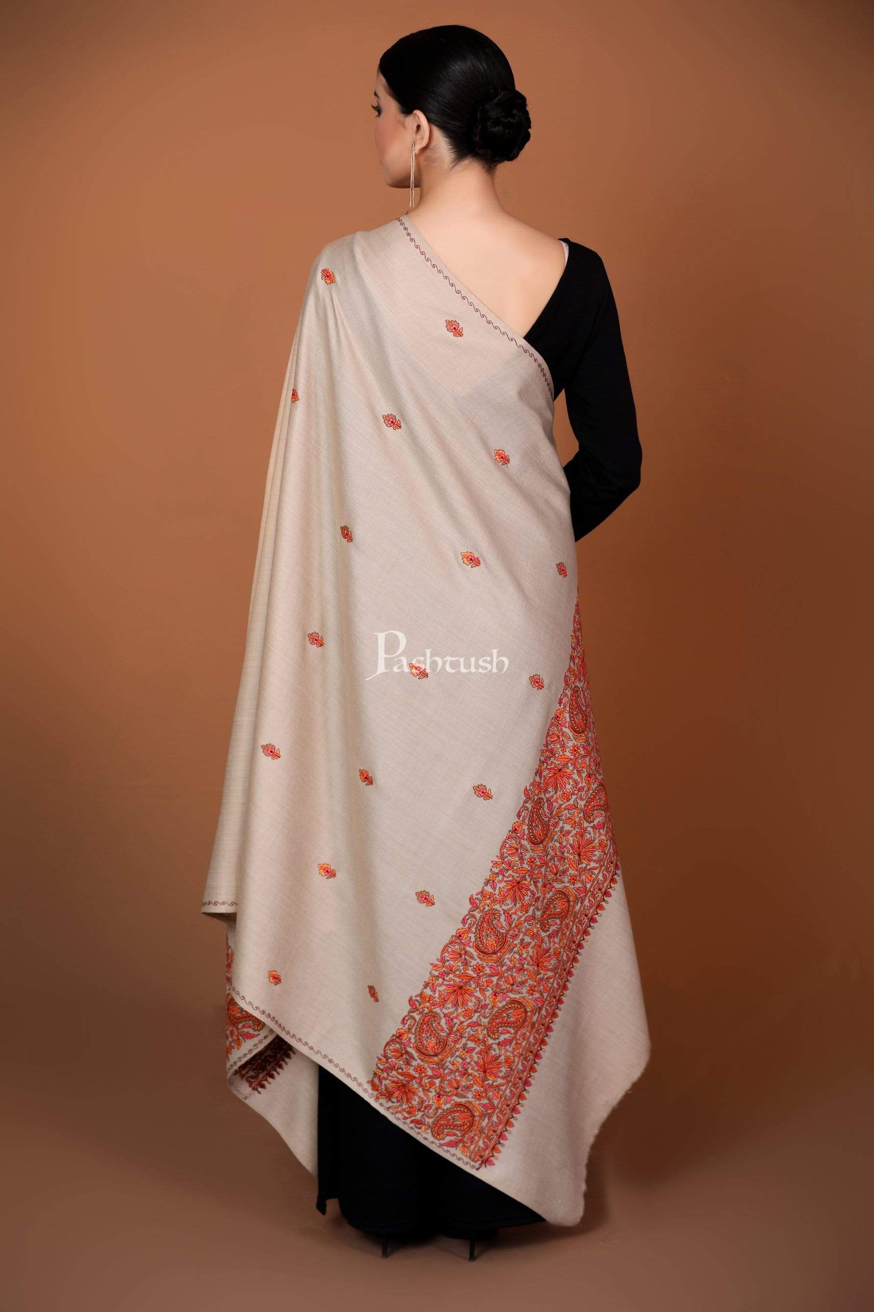 Pashtush Womens Papier Machè Embroidery Palla Shawl - Taupe - Image 5
