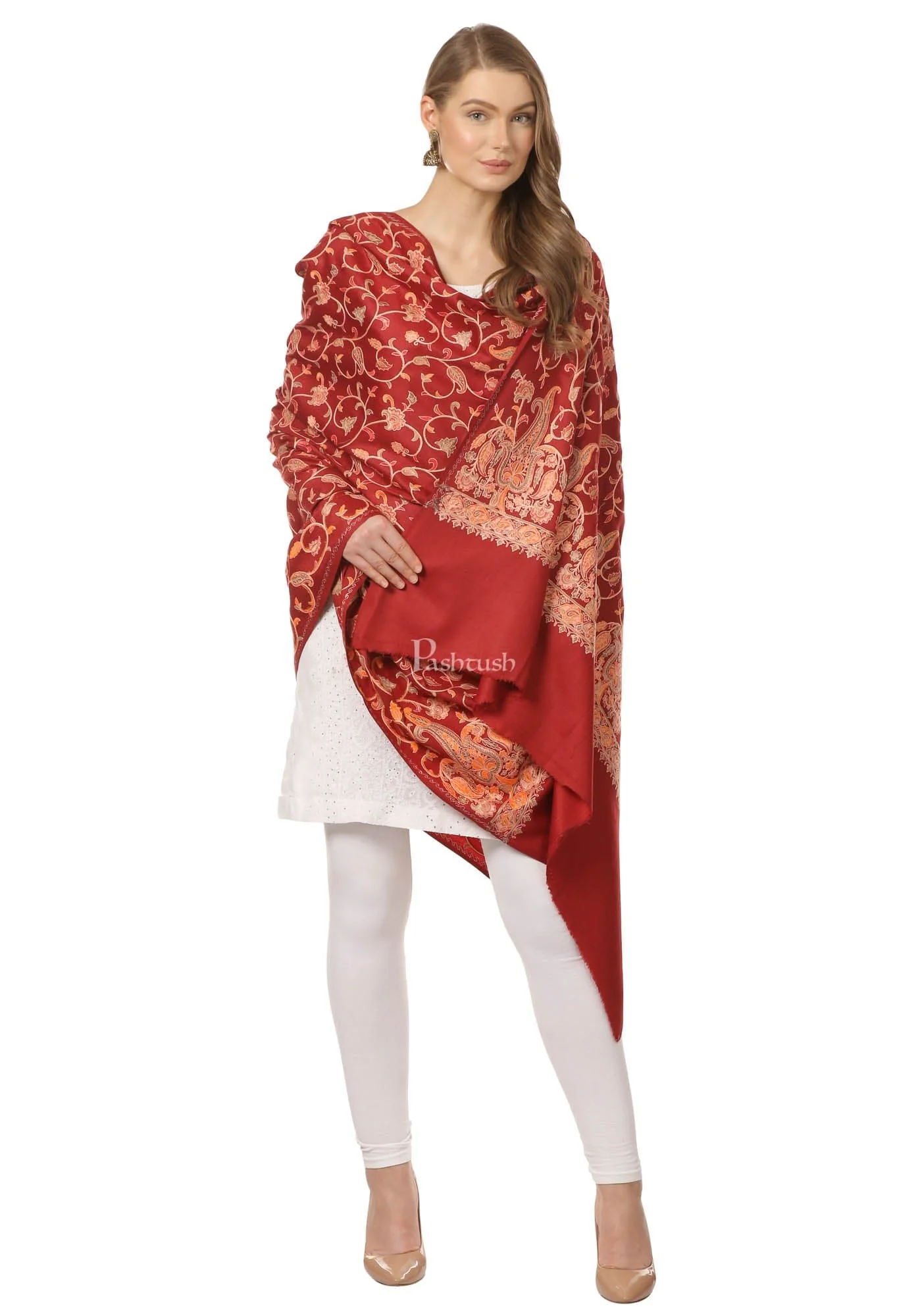 Pashtush Womens Papier Mache Embroidery Shawl - Maroon - Image 3