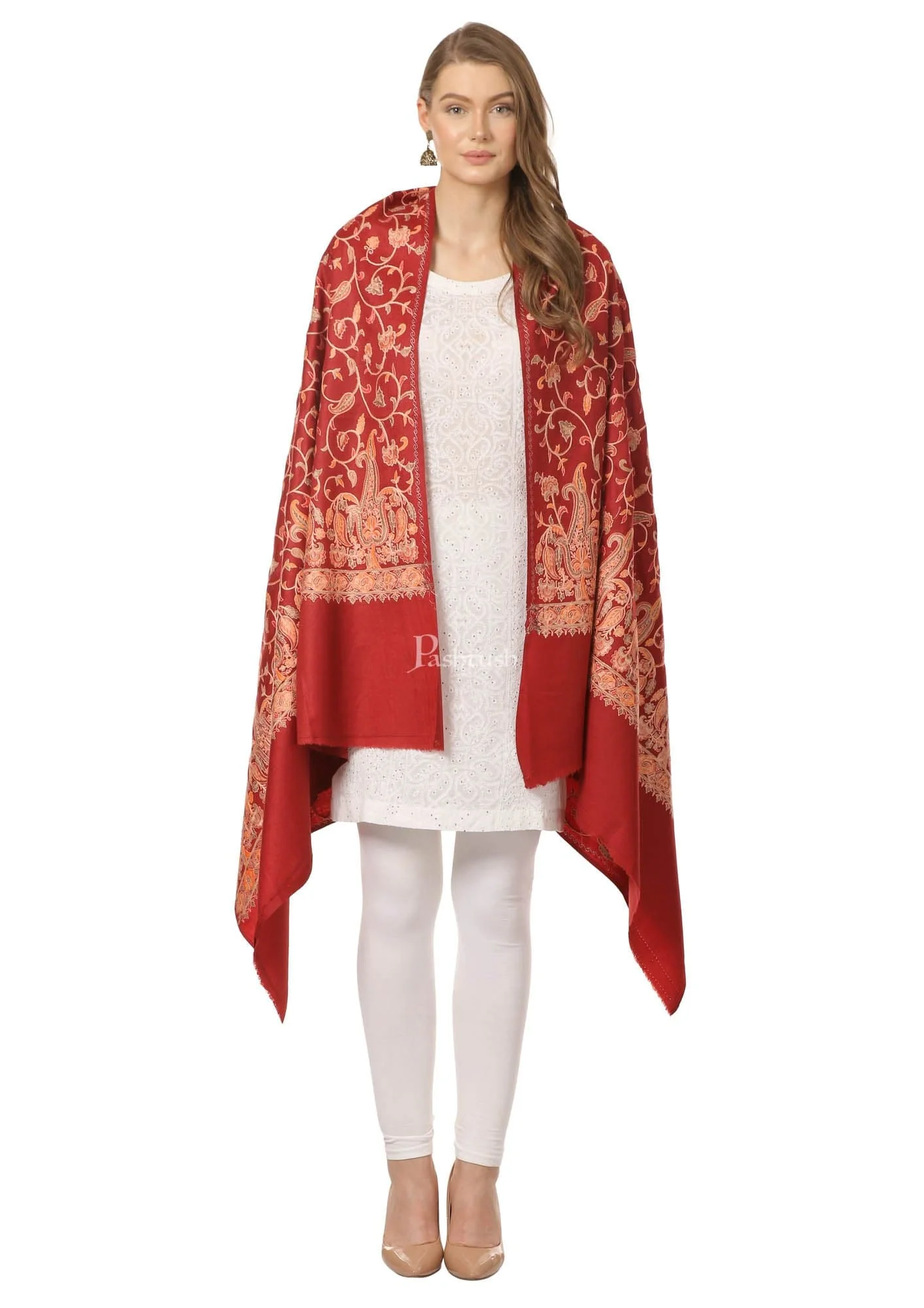 Pashtush Womens Papier Mache Embroidery Shawl - Maroon - Image 5