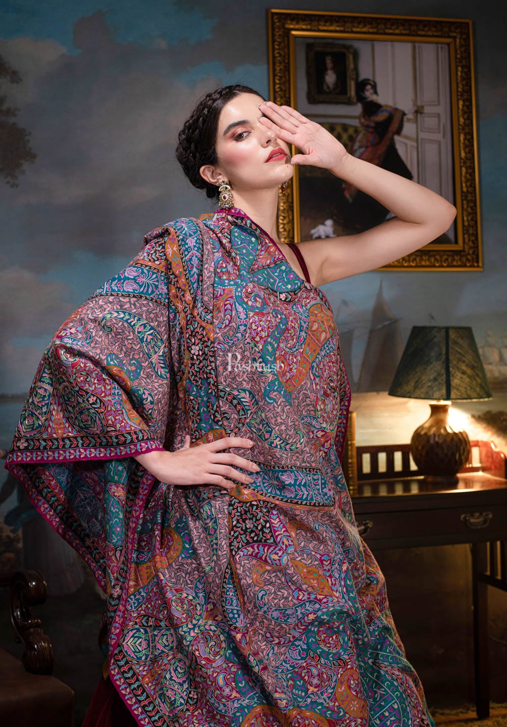 Pashtush Womens Pashmina, Hand Embroidered Hand Painted Kalamkari Shawl, Multicolour - Image 3