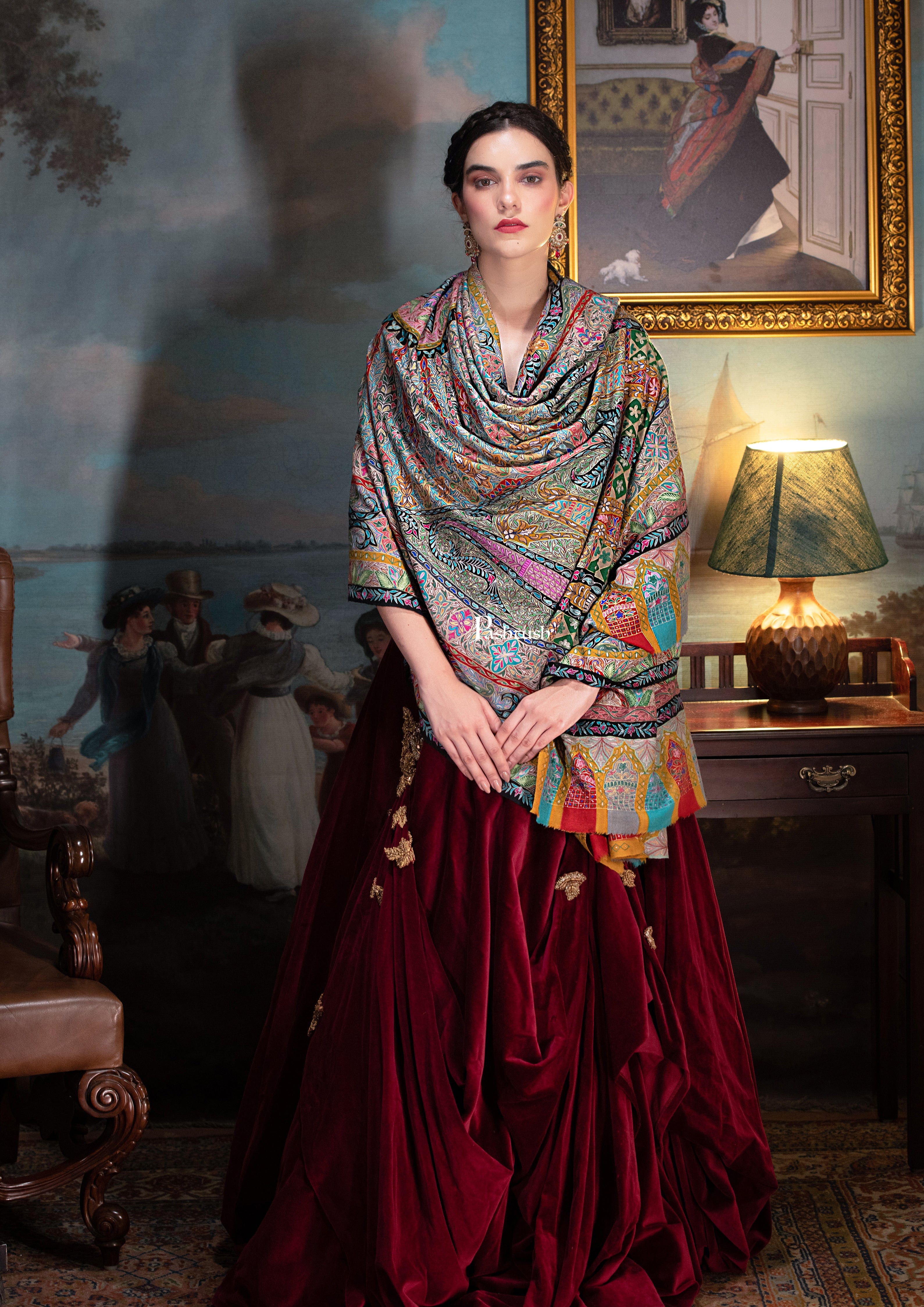 Pashtush Womens Pashmina, Hand Embroidered Hand Painted Kalamkari Shawl, Multicoloured - Image 2