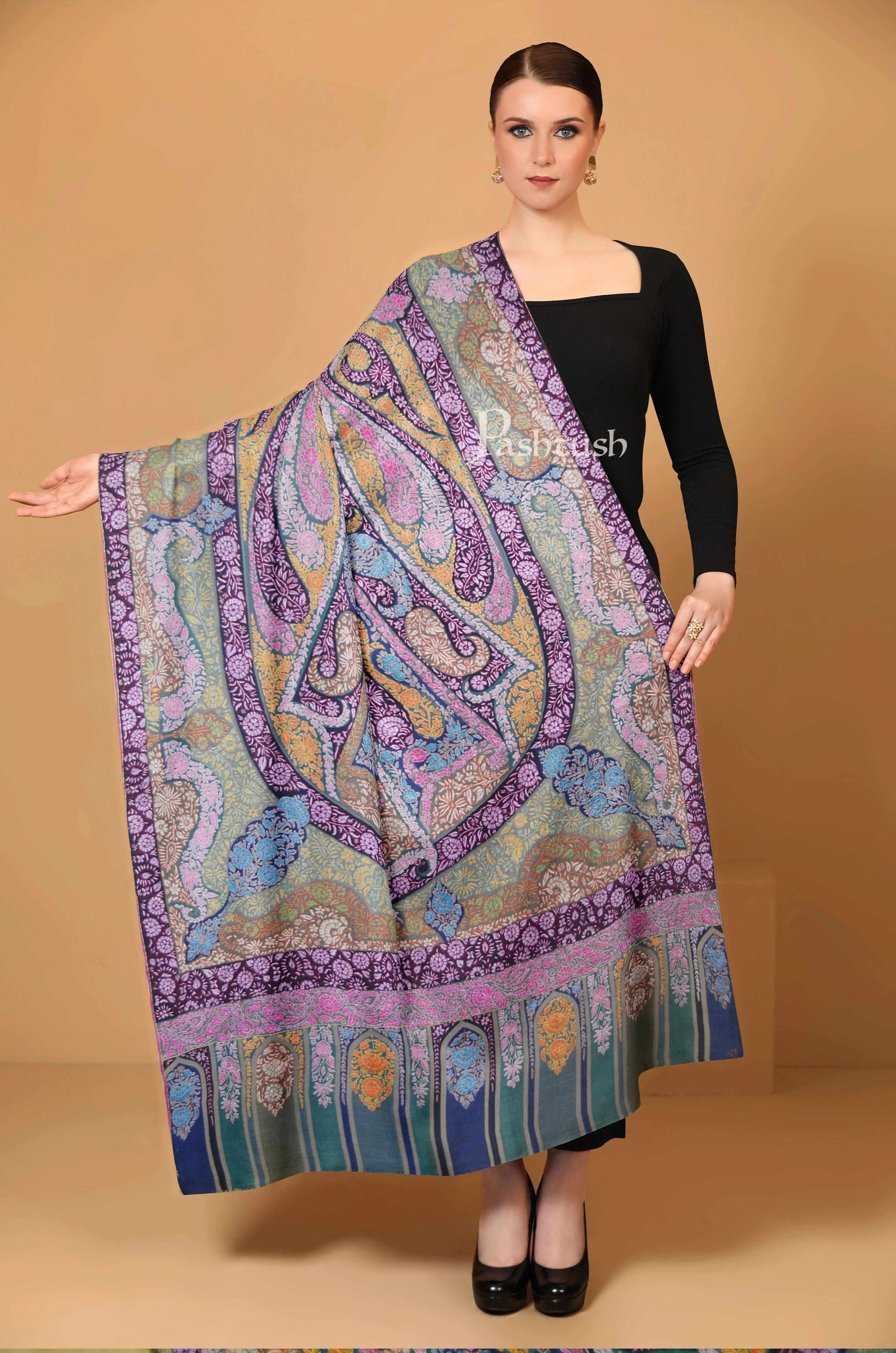 Pashtush Womens Pashmina, Hand Embroidered Papier-mâché Shawl, With Intricate Resham Threadword - Image 2
