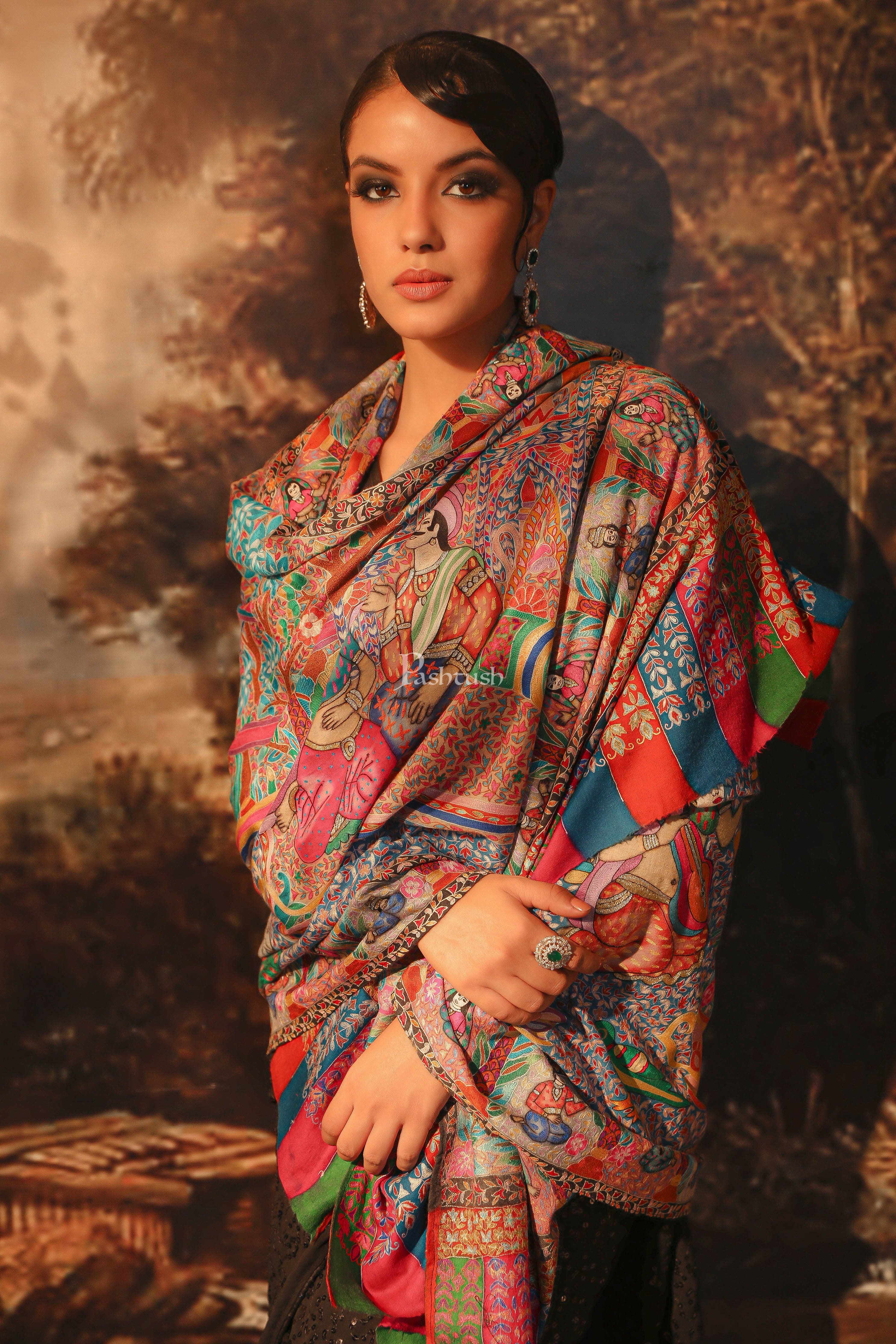 Pashtush Womens Pashmina Handmade Kalamkari Shawl, Multicolour - Image 3