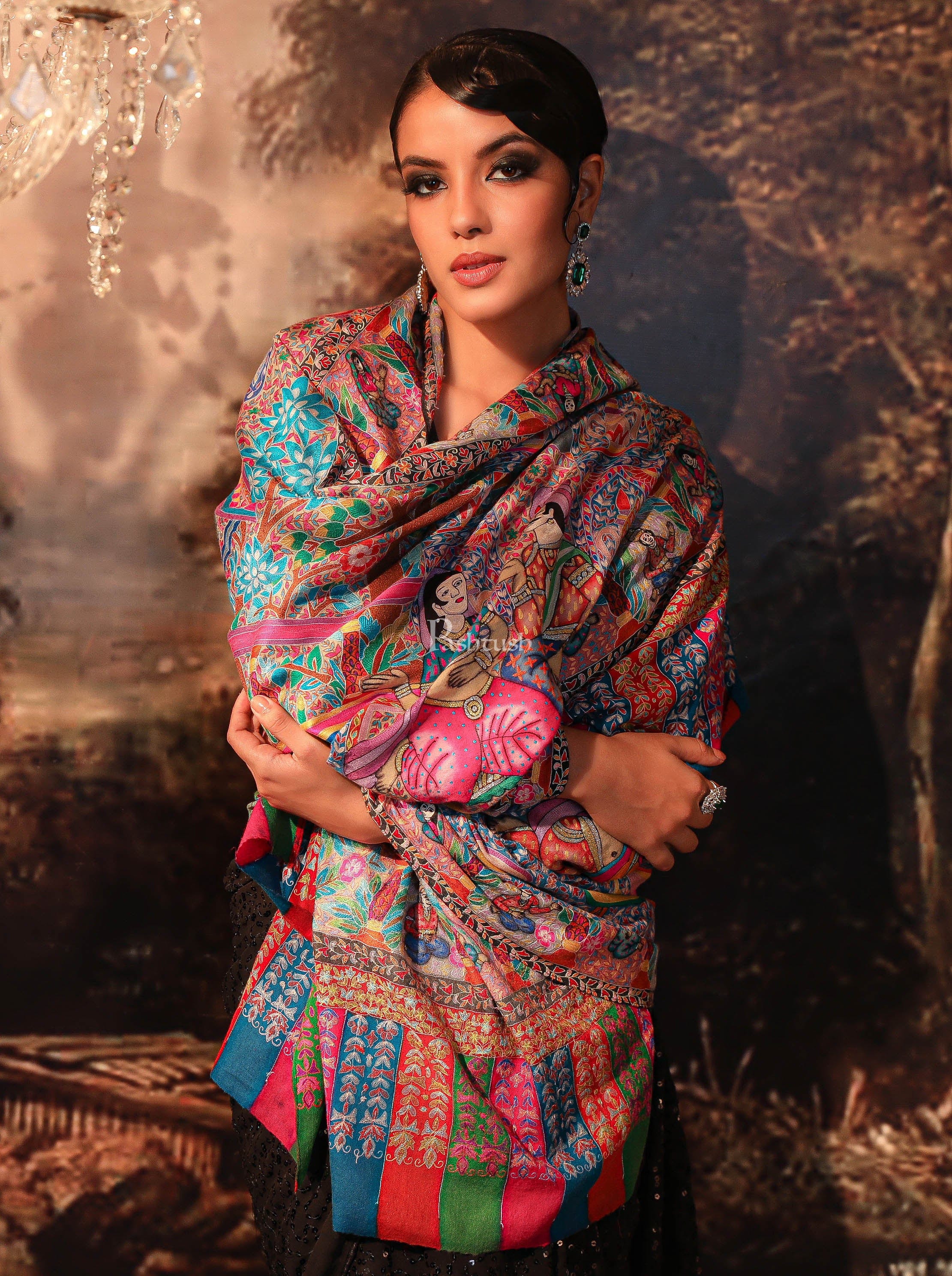 Pashtush Womens Pashmina Handmade Kalamkari Shawl, Multicolour - Image 5