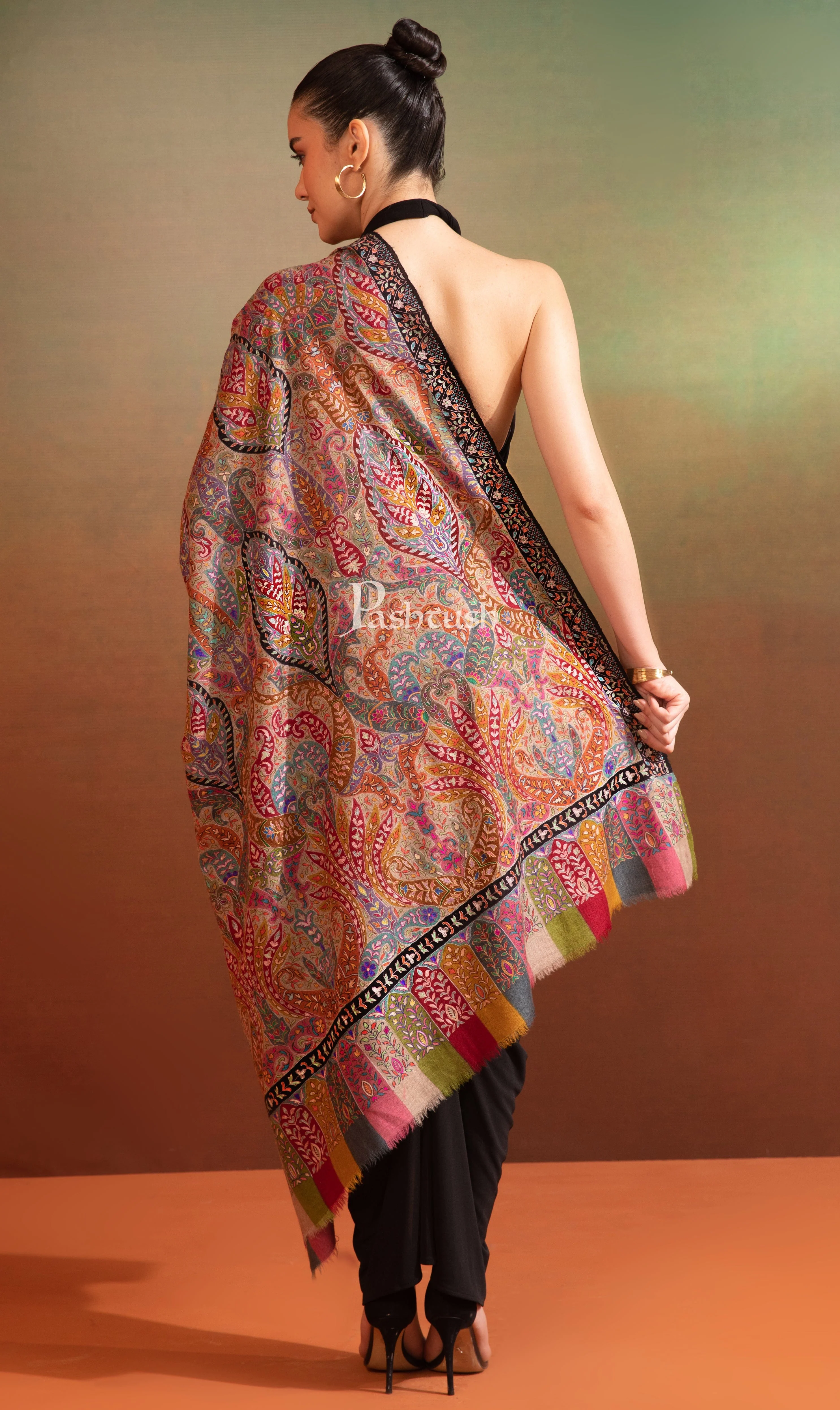 Pashtush Womens Pashmina Kalamkari Shawl, Hand Painted And Embroidered Kalamkari, Hand Woven - Image 3