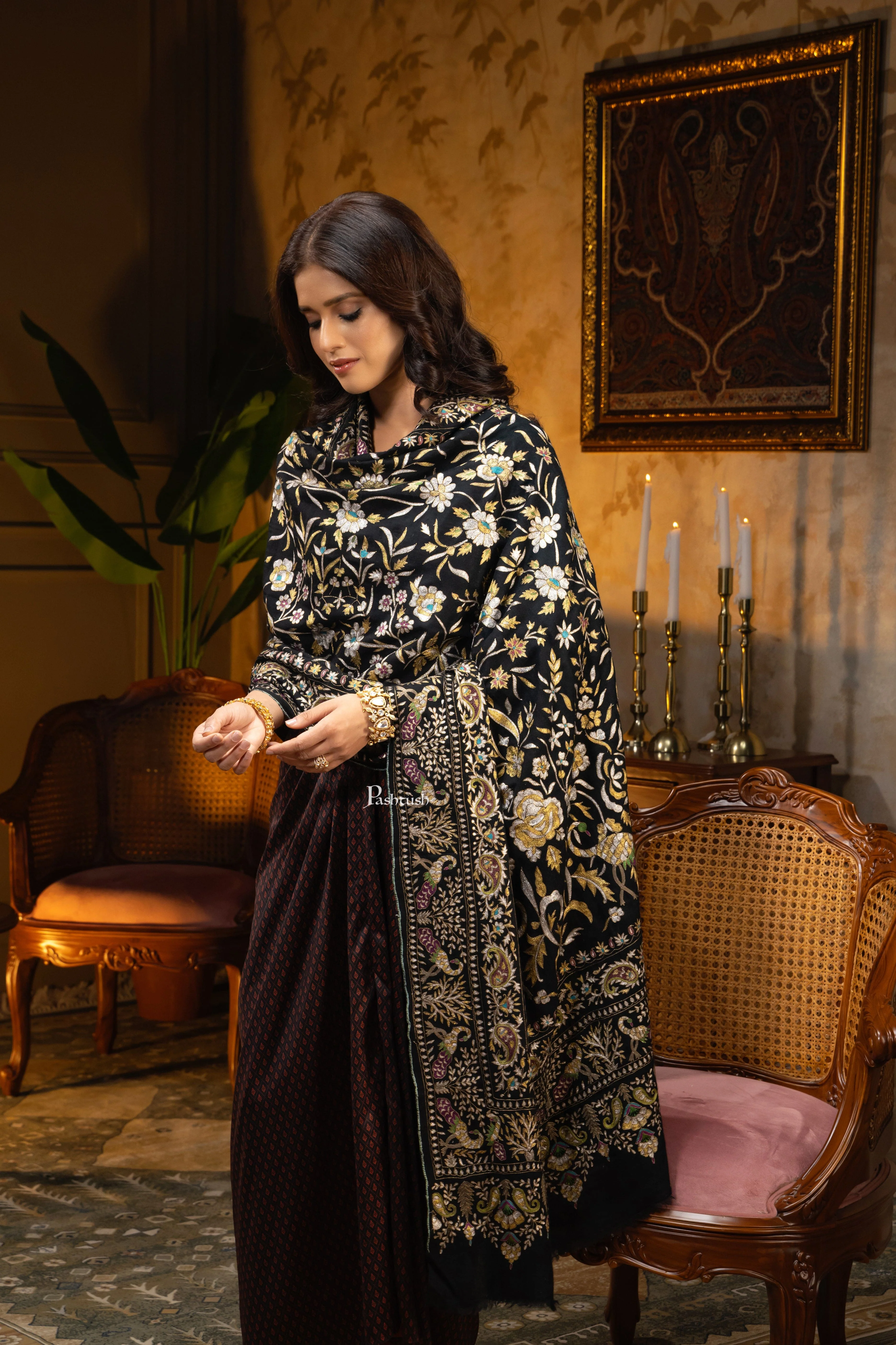PASHTUSH WOMENS PASHMINA SHAWL, KASHMIRI TILLA WORK, HANDLOOM, MULTICOLOURED - Image 7