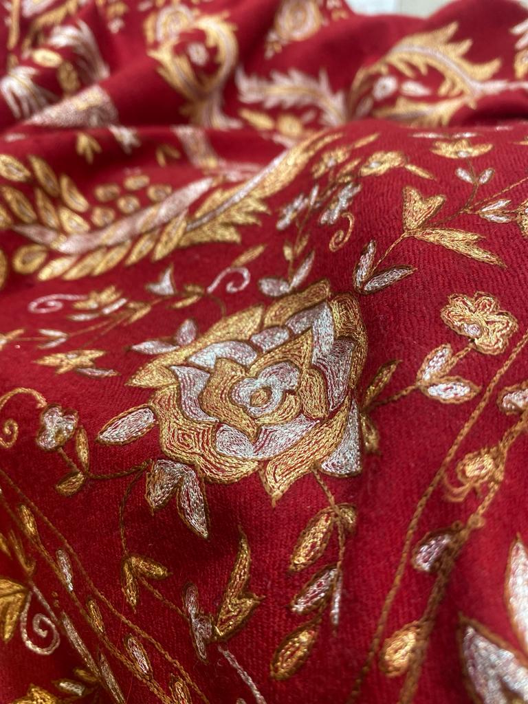 Pashtush Womens Pashmina Shawl, Kashmiri Tilla Work, Handloom, Red - Image 2