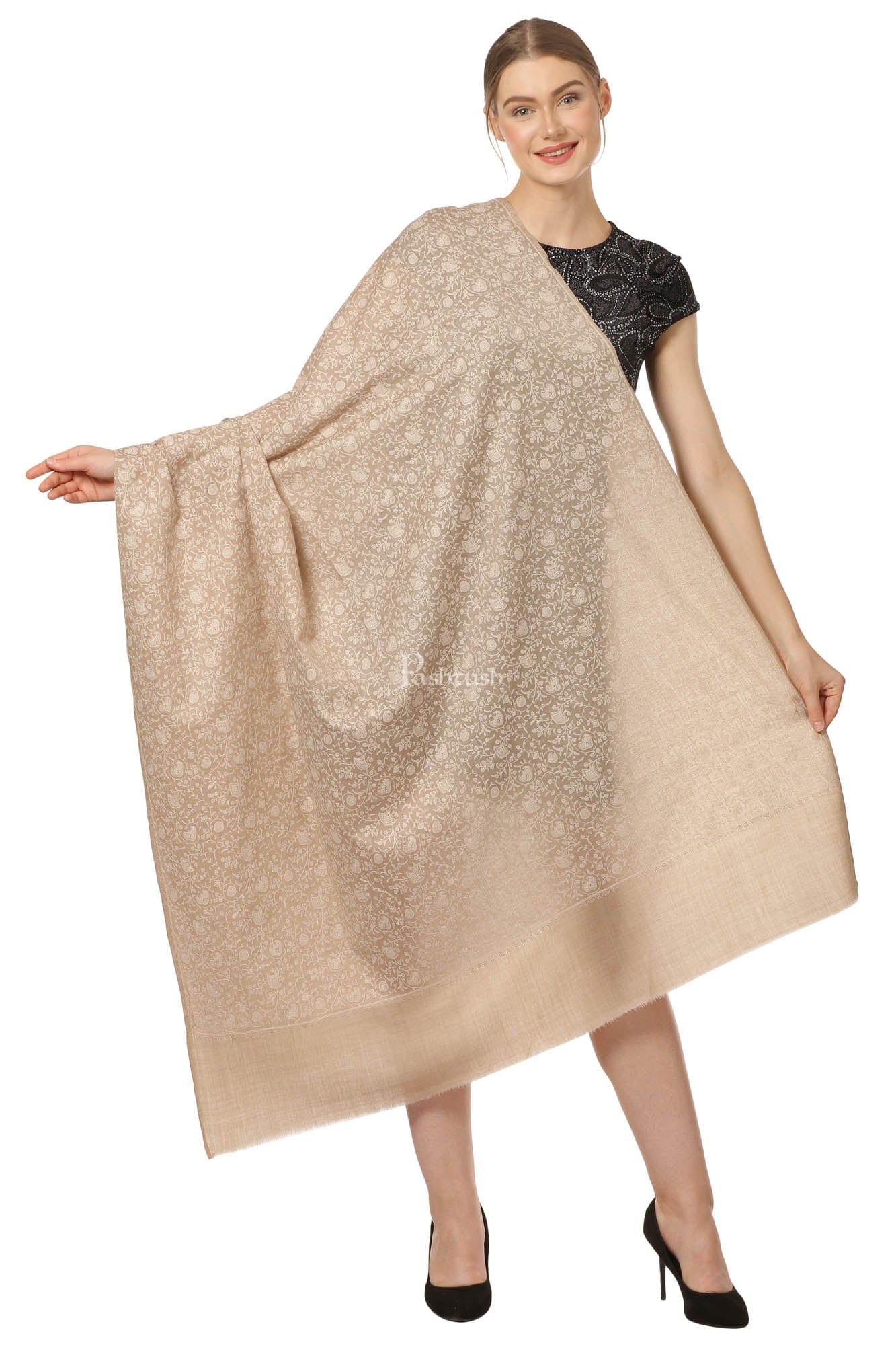 Pashtush Womens Fine Wool Shawl With Tone On Tone Embroidery, Soft And Warm, Light Weight - Image 4