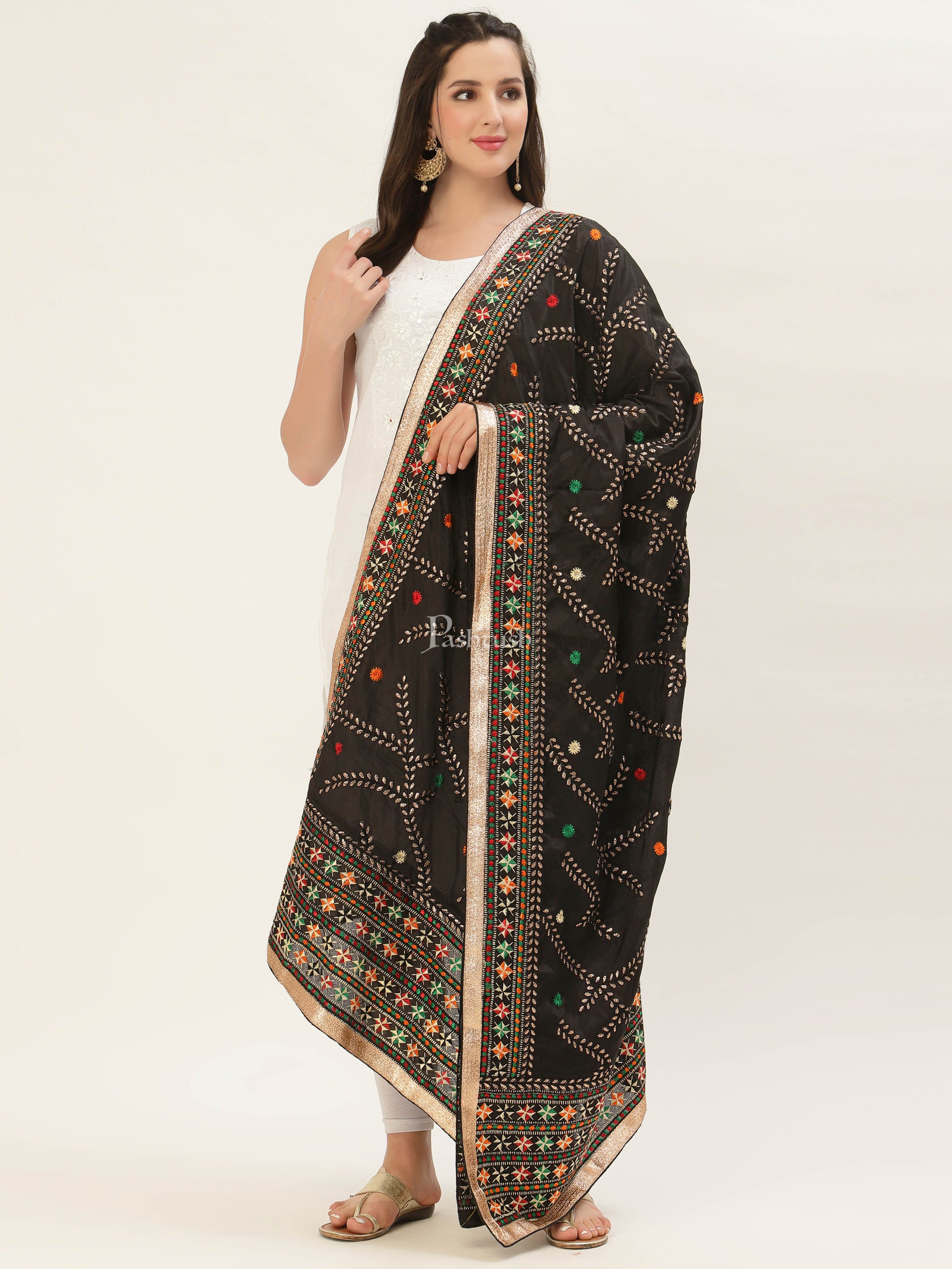 Pashtush Womens Phulkari Dupatta, Black - Image 5