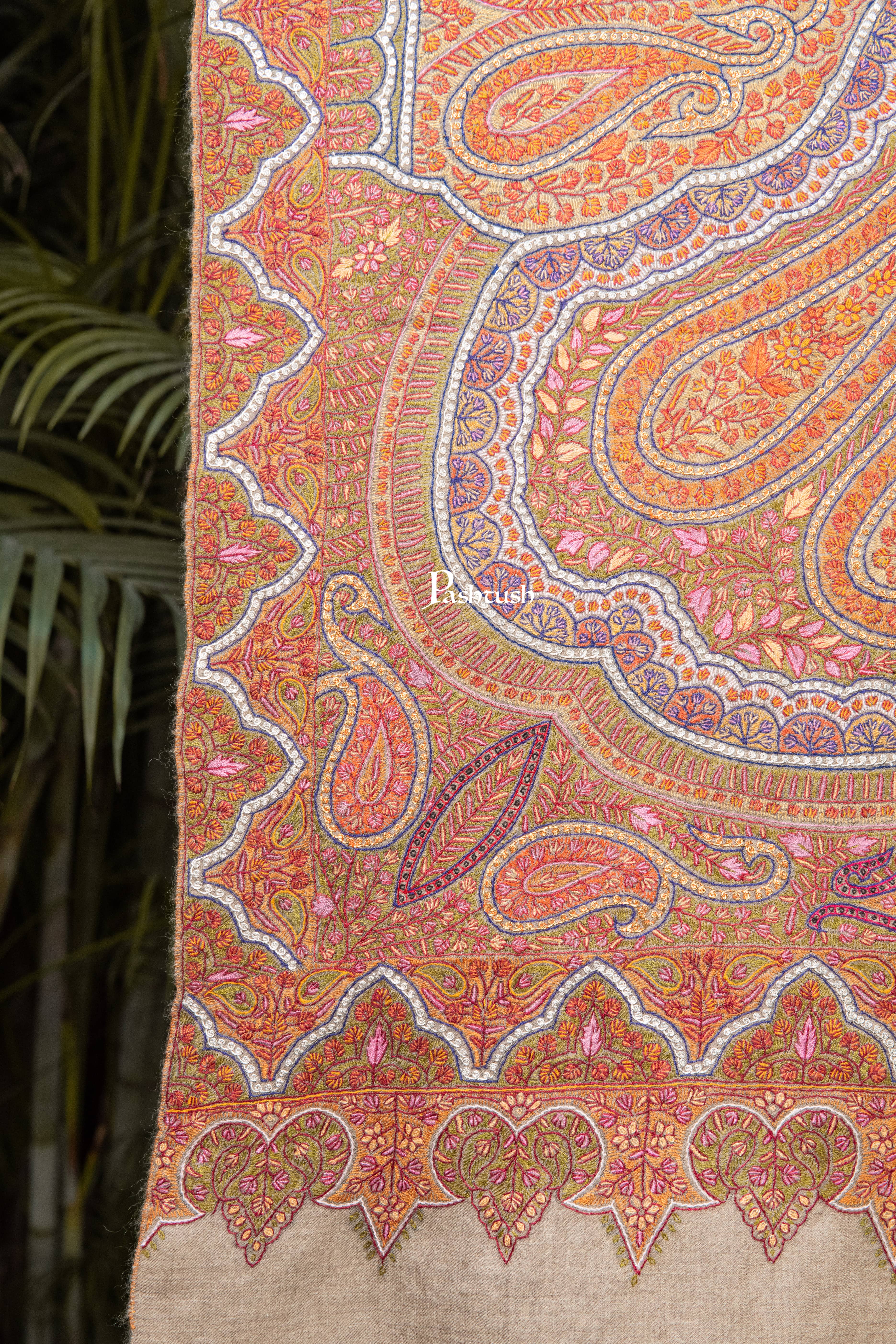Pashtush Womens Pure Pashmina Shawl, Sozni Hand Embroidery, Hand Woven Design, Khakikaar - Image 3