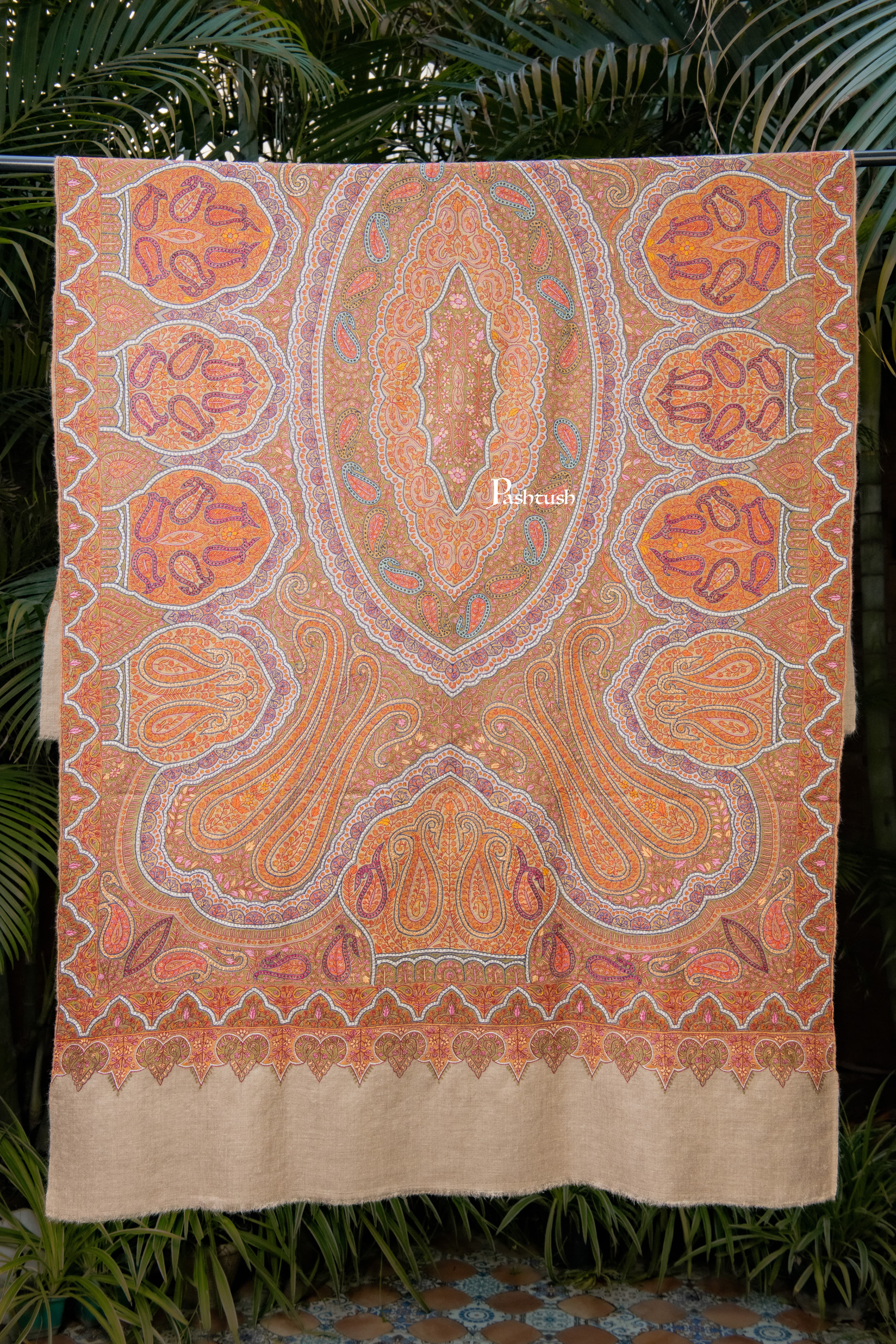 Pashtush Womens Pure Pashmina Shawl, Sozni Hand Embroidery, Hand Woven Design, Khakikaar - Image 5