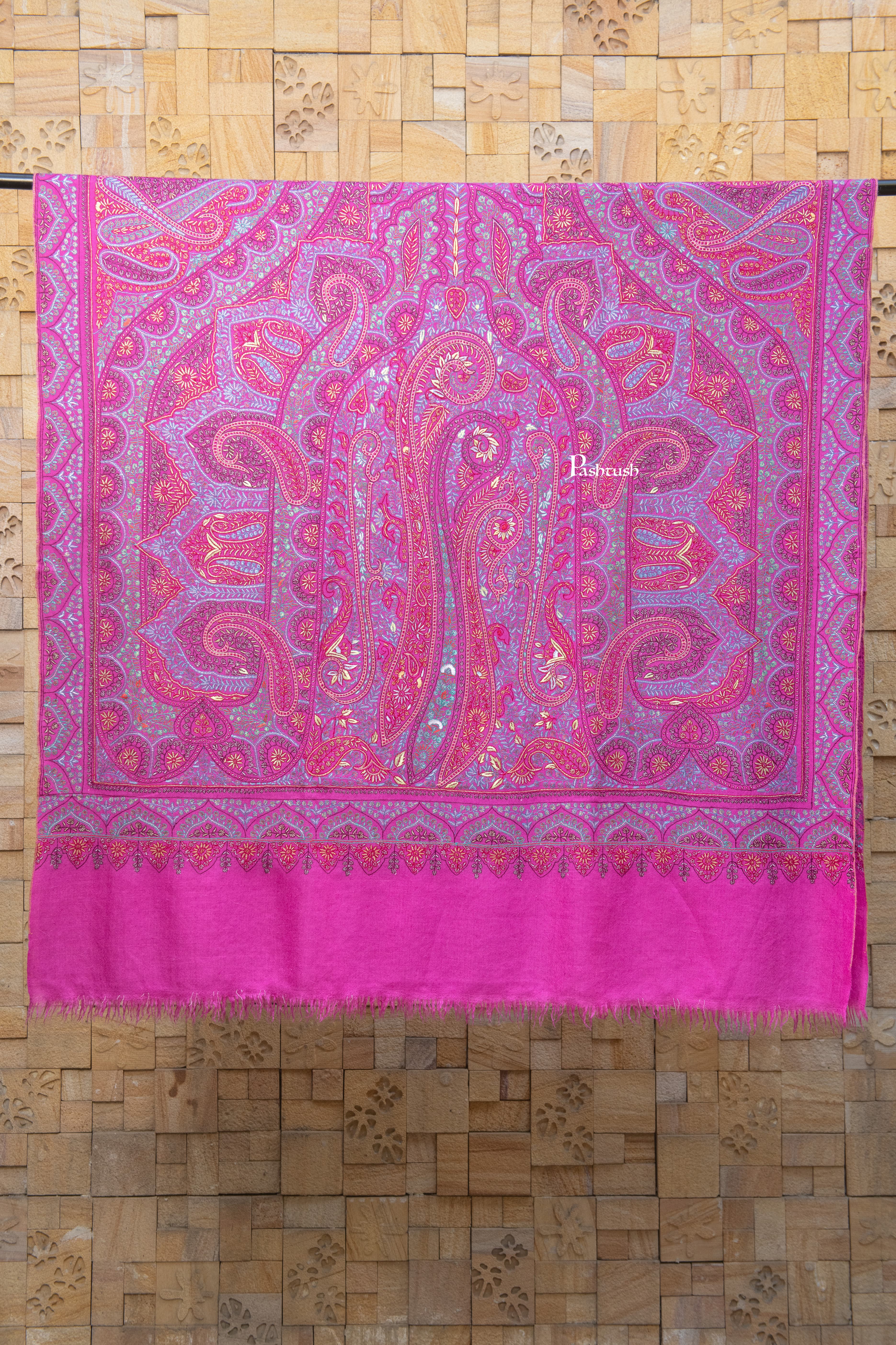 Pashtush Womens Pure Pashmina Shawl, Hand Hand Embroidery, Hand Woven, Fuschia - Image 2