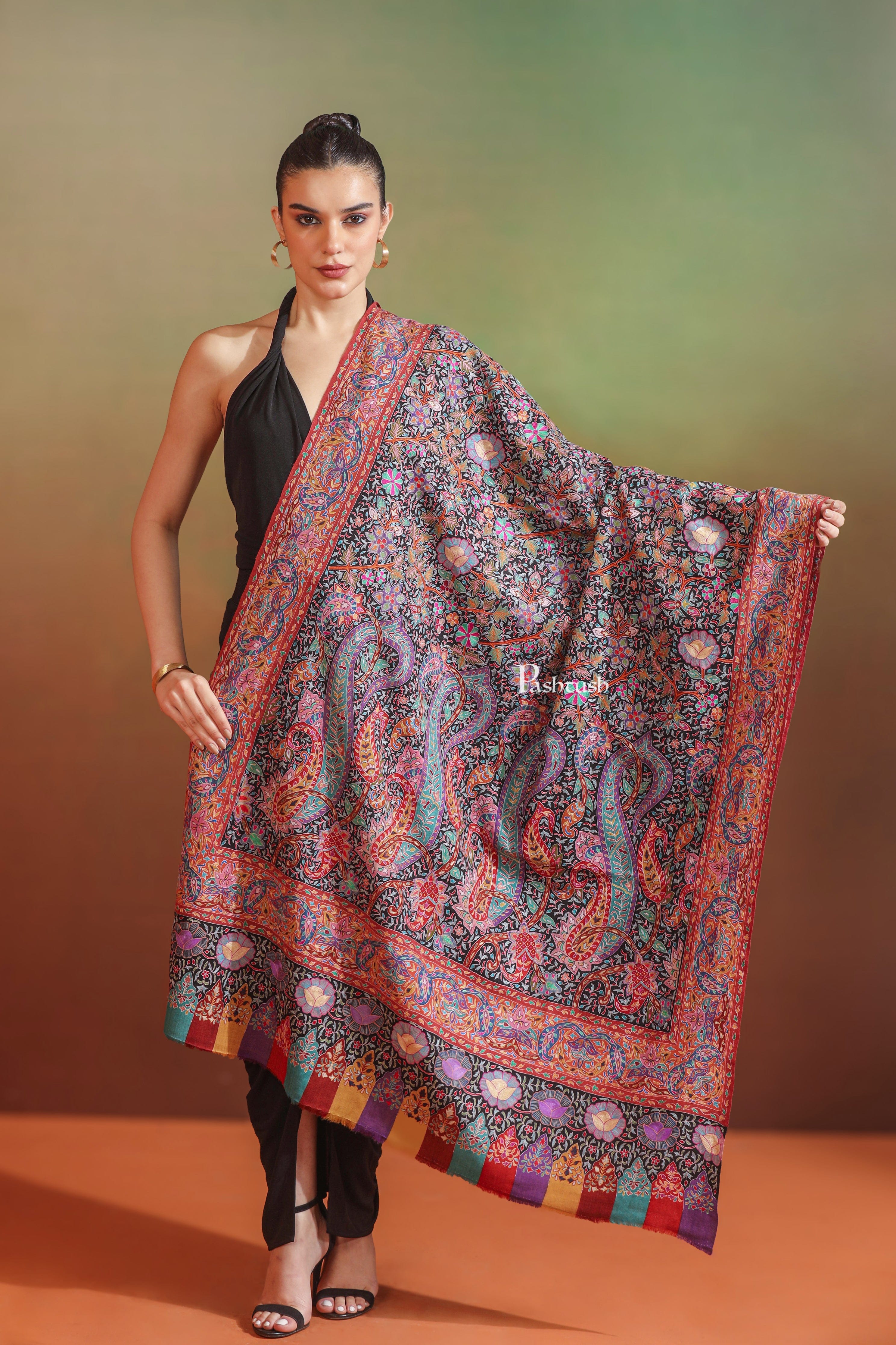 Pashtush Womens Pashmina Shawl, Hand Painted And Embroidered Kalamkari Design, Multicolour - Image 4