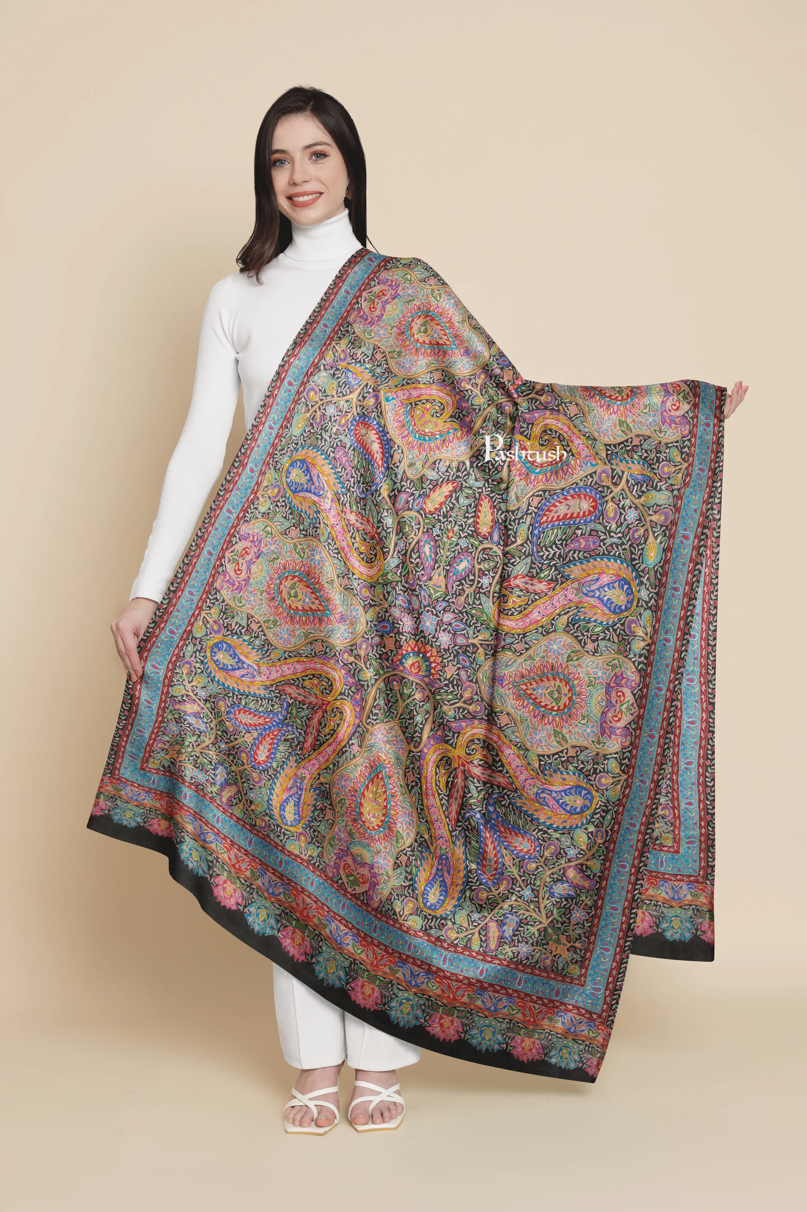 Pashtush Womens Pure Pashmina Shawl, Hand Painted And Embroidered Kalamkari Design, Multicolour - Image 3