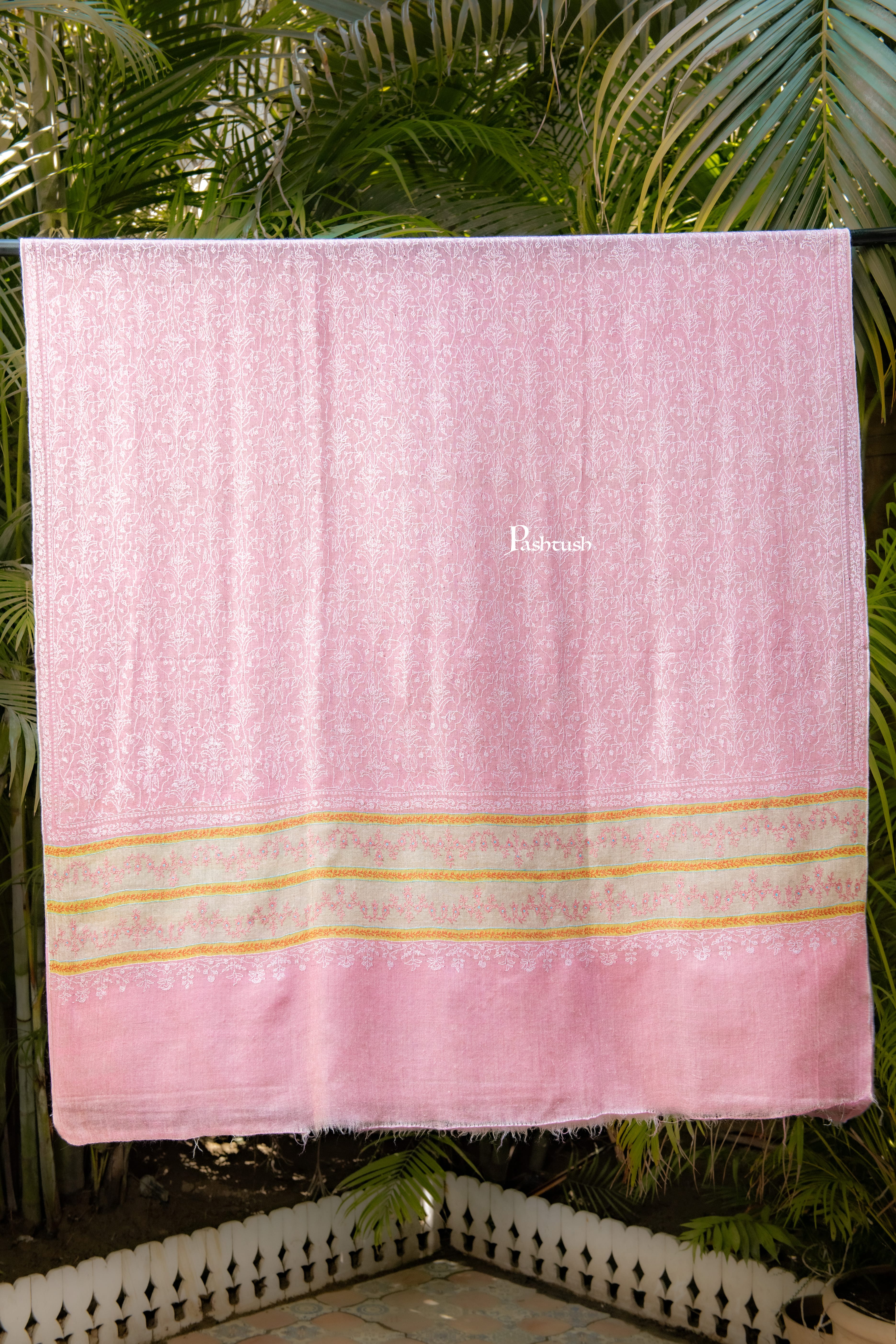 Pashtush Womens Pure pashmina shawl, hand woven, tonal hand embroidery, soft Powder pink - Image 6