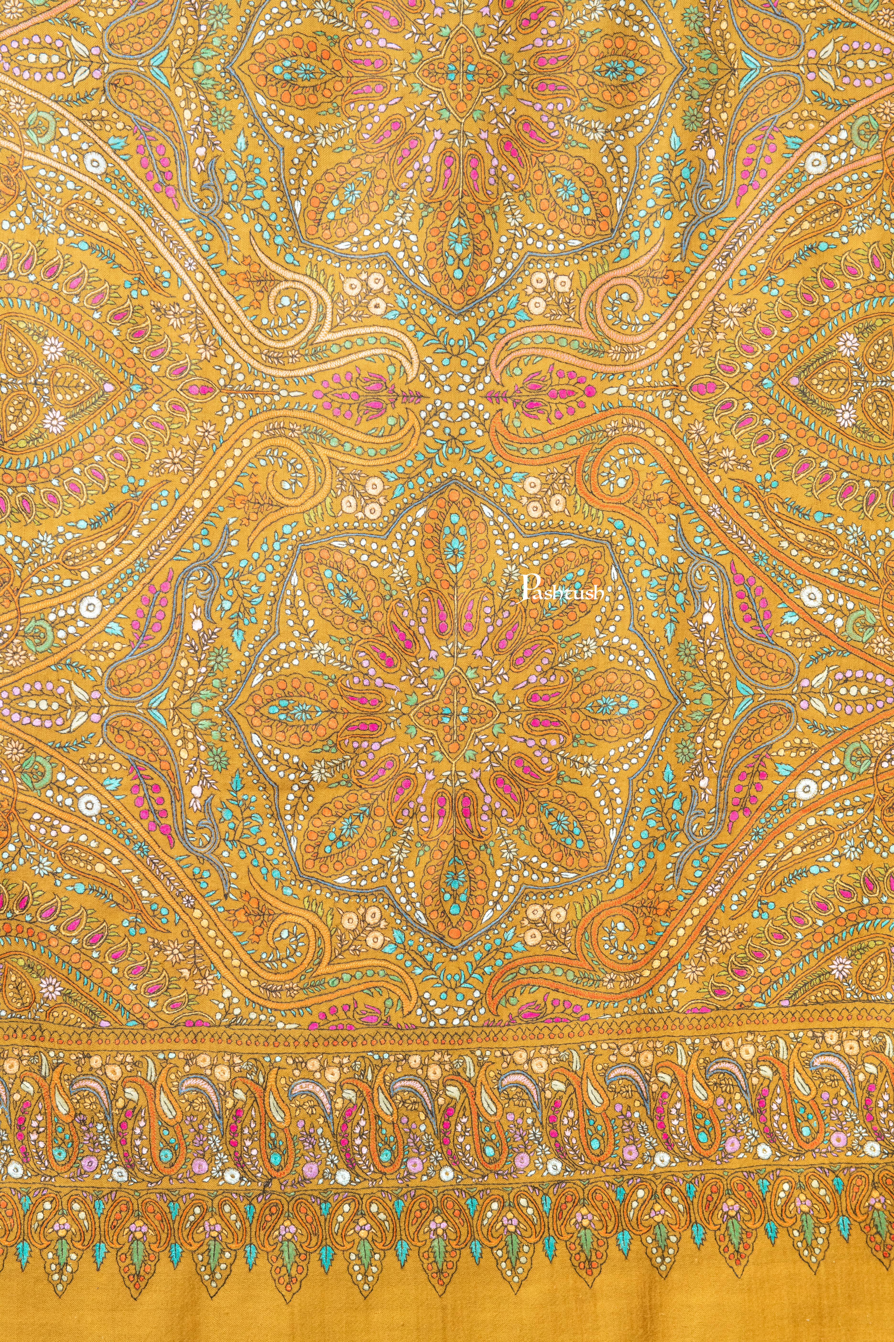 Pashtush Womens Pure Pashmina Shawl, Papier Mache Hand Embroidery, Hand Woven Design, Mustard - Image 2