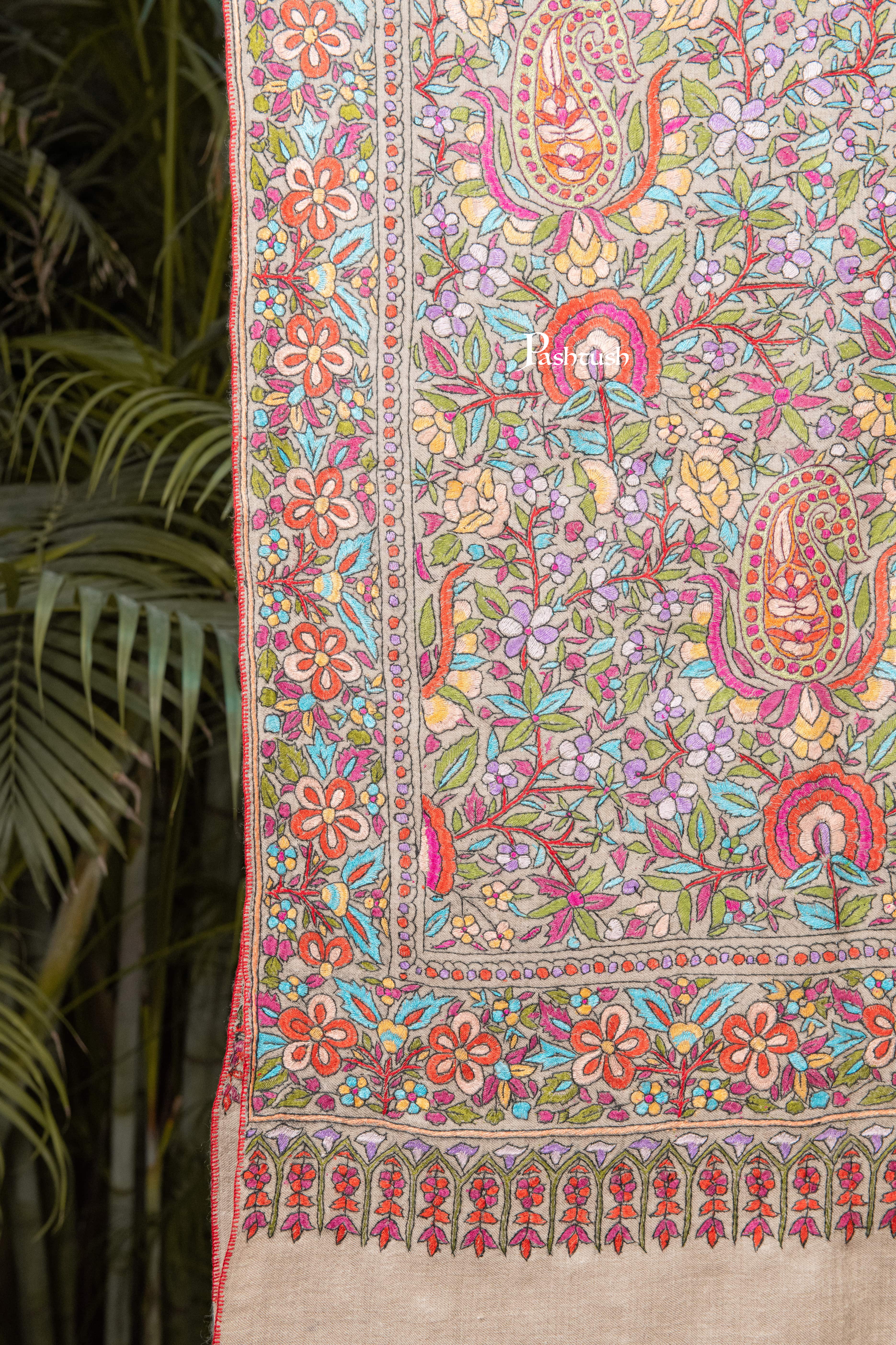 Pashtush Womens Pure Pashmina Shawl, Papier Mache Hand Embroidery, Hand Woven, Gulabdaar Design, Multicolour With Natural Woven Base - Image 2