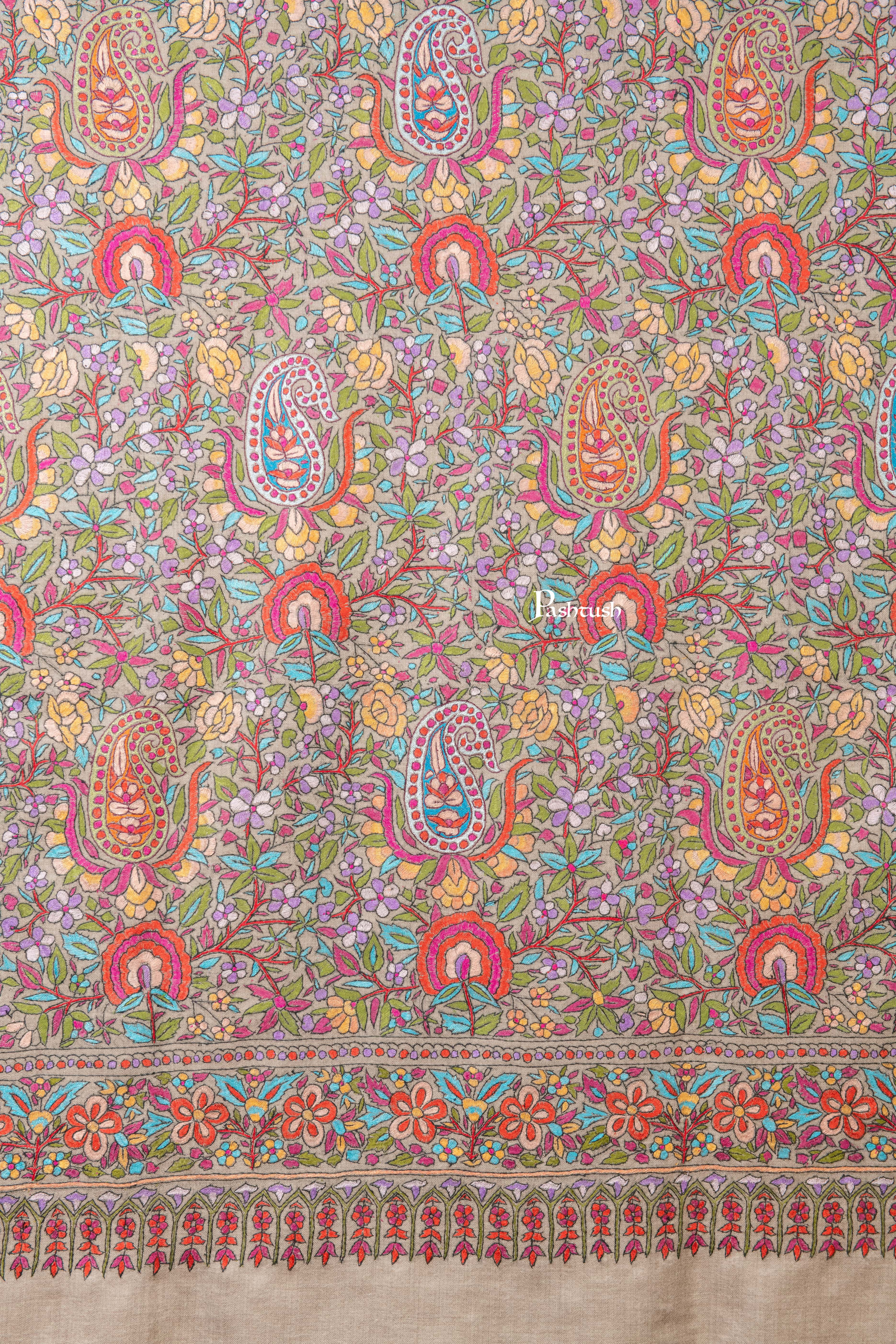 Pashtush Womens Pure Pashmina Shawl, Papier Mache Hand Embroidery, Hand Woven, Gulabdaar Design, Multicolour With Natural Woven Base - Image 3