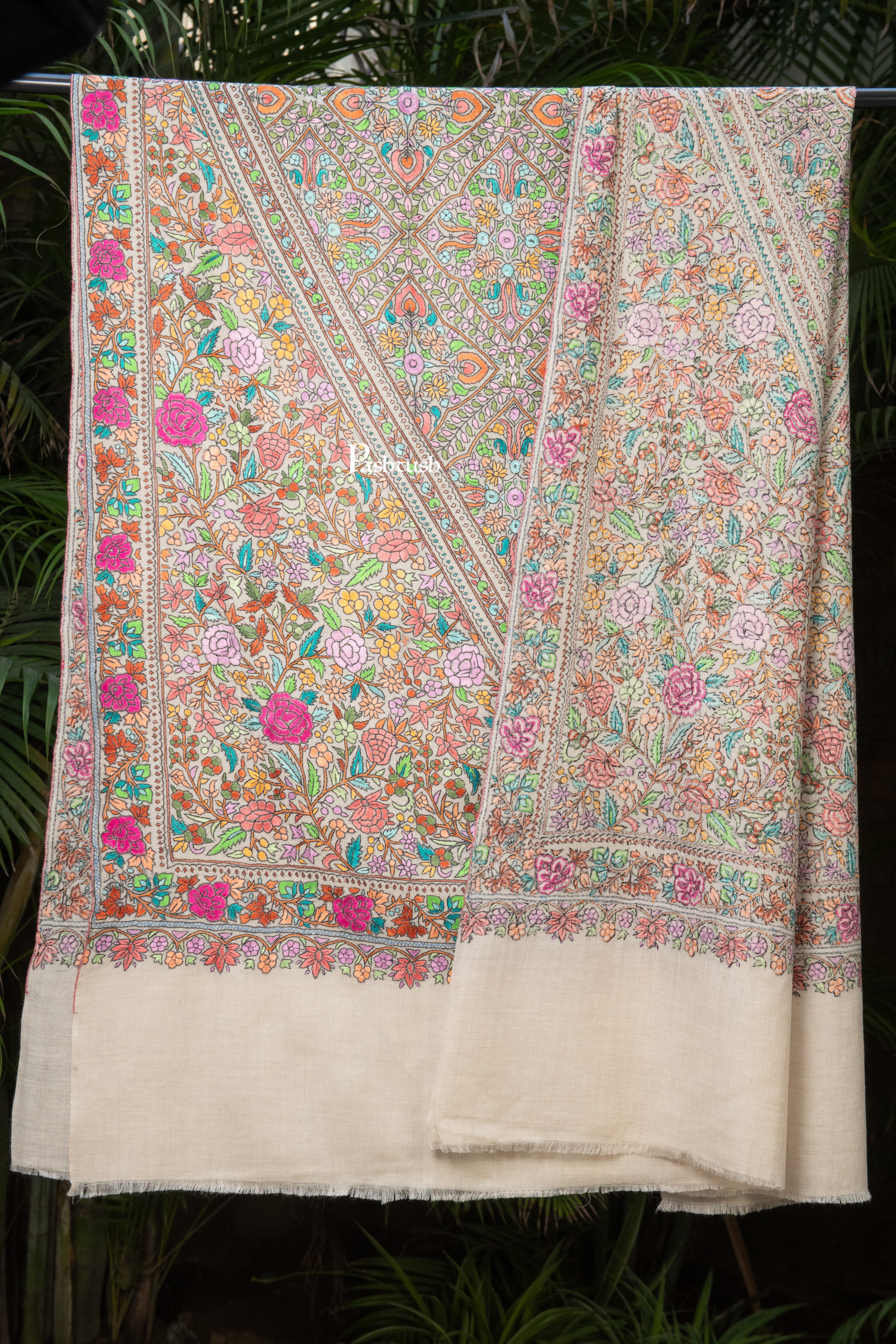 Pashtush Womens Pure Pashmina Shawl, Papier Mache Hand Embroidery, Hand Woven, Gulabdaar Design, Multicolour With Natural Woven Base - Image 3