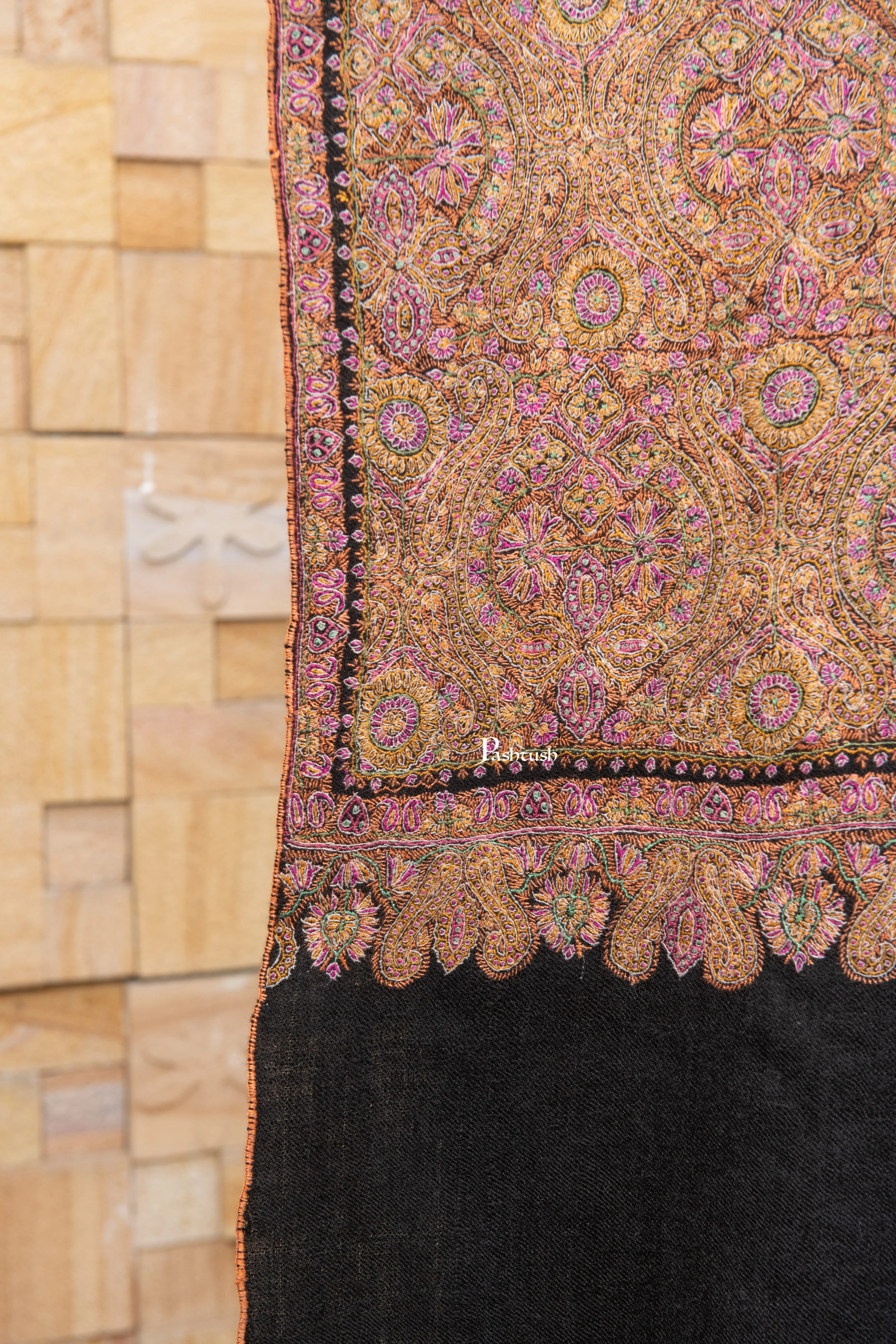 Pashtush Womens Pure Pashmina Shawl, Private Collection, Resham Sozni Hand Embroidery, Handwoven, Zameenkaar - Image 4