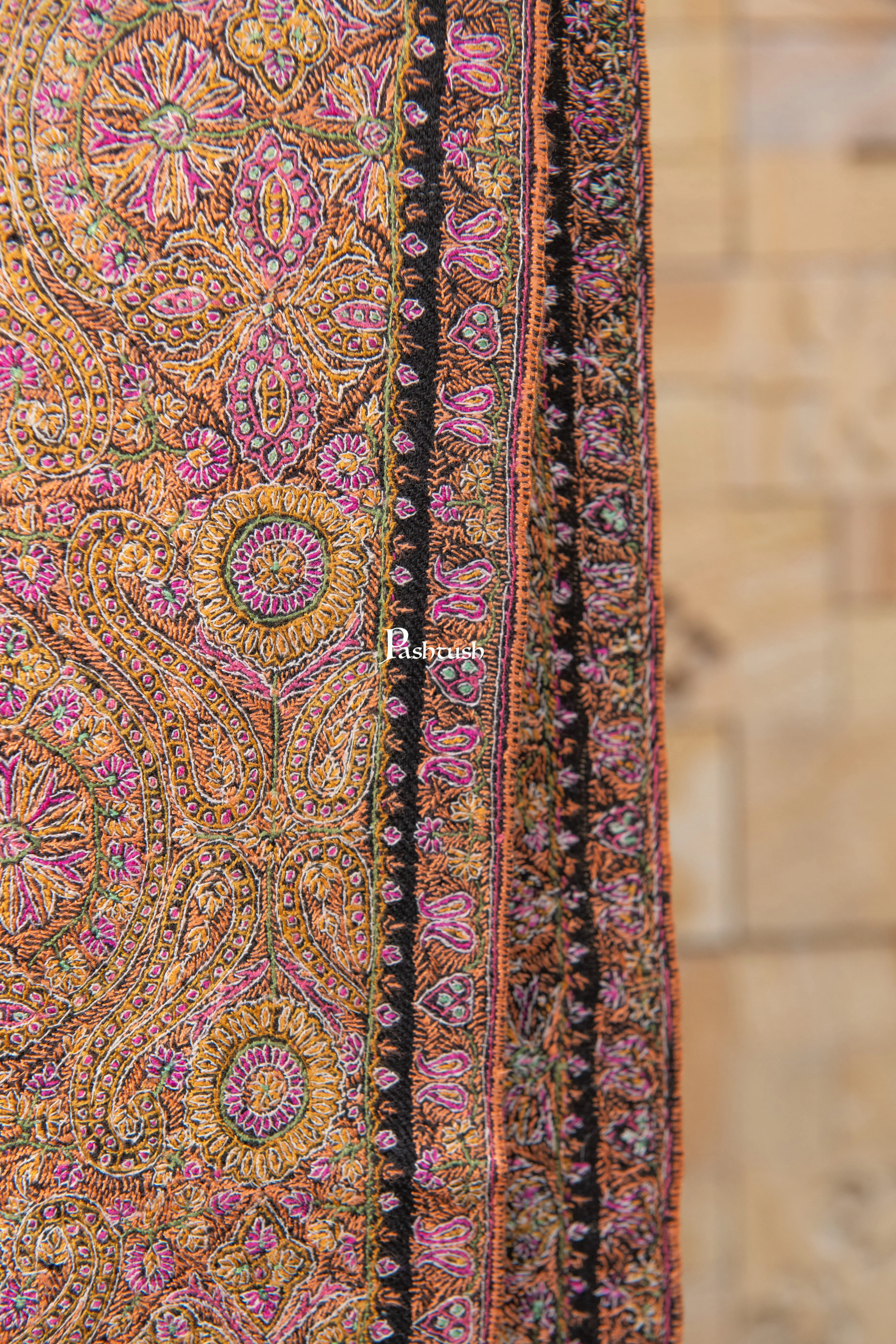 Pashtush Womens Pure Pashmina Shawl, Private Collection, Resham Sozni Hand Embroidery, Handwoven, Zameenkaar - Image 7