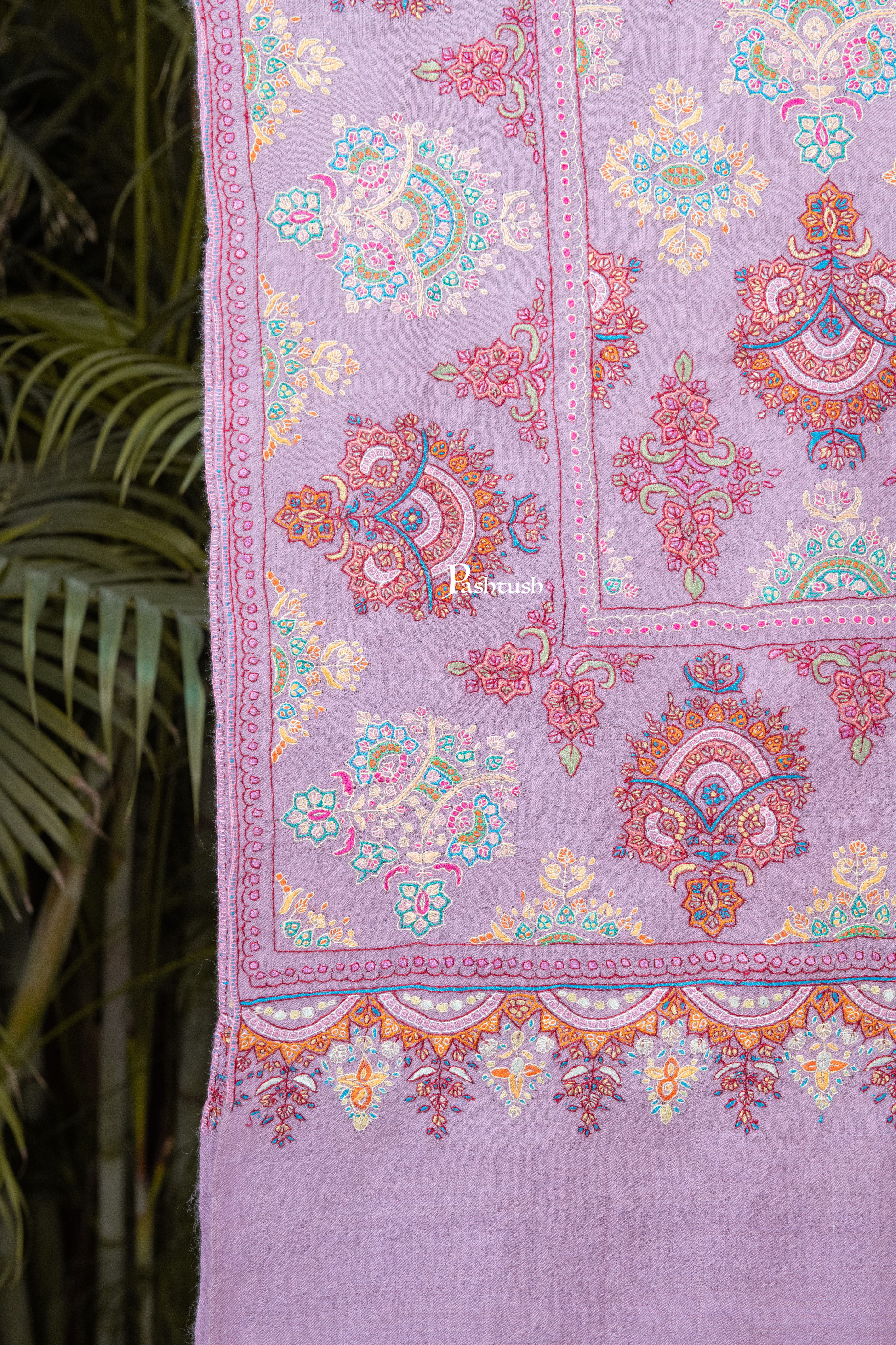 Pashtush Womens Pure Pashmina Shawl, Sozni Hand Embroidery, Hand Woven Design, Peel Lilac - Image 2