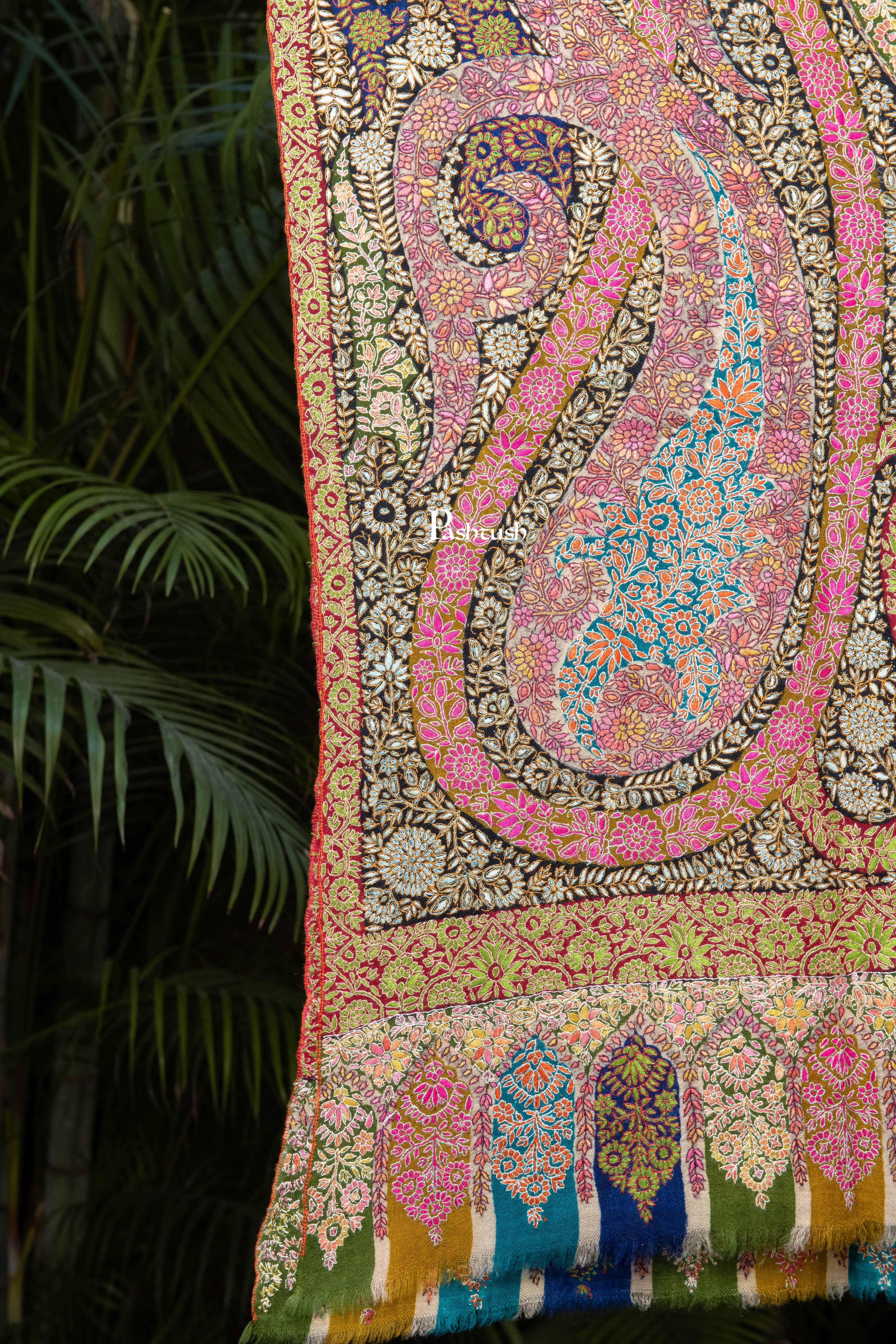 Pashtush Womens Pure Pashmina Shawl, Sozni Hand Embroidery, Hand Woven, Kalamkari Design, Multicolour - Image 4
