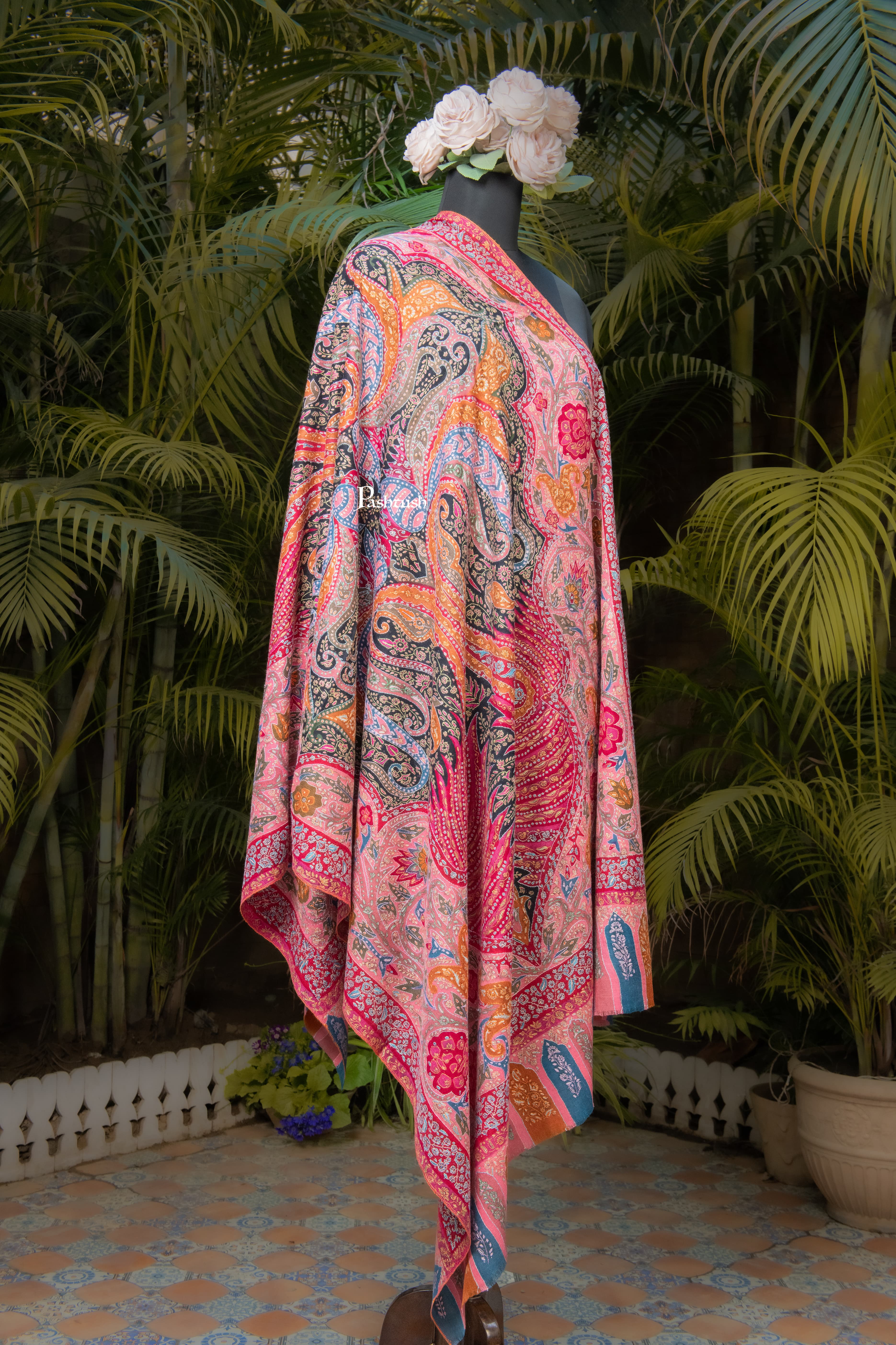 Pashtush Womens Pure Pashmina Shawl, Sozni Hand Embroidery, Hand Woven, Kalamkari Design, Multicolour - Image 5