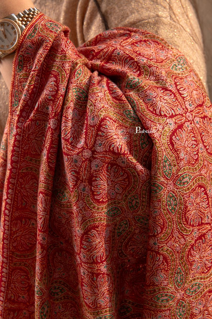 Pashtush Womens Pure Pashmina Shawl Sozni, Kashmiri Hand Embroidery, Maroon - Image 2