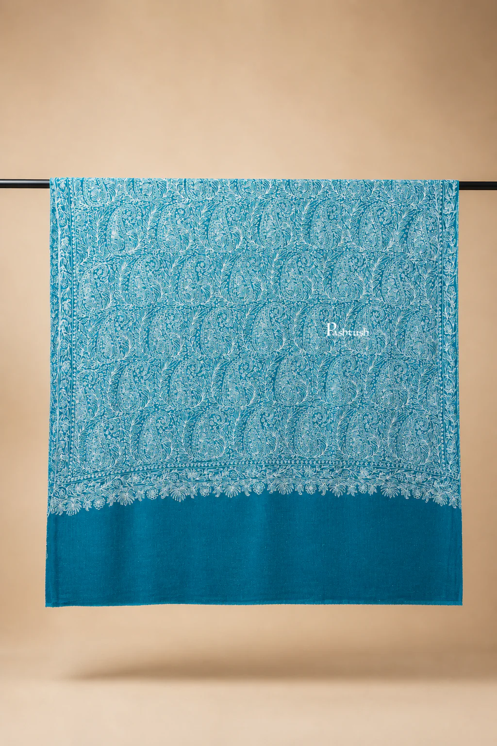 Pashtush Womens Pure Pashmina shawl, tonal hand embroidery, handwoven, Aqua Blue - Image 2