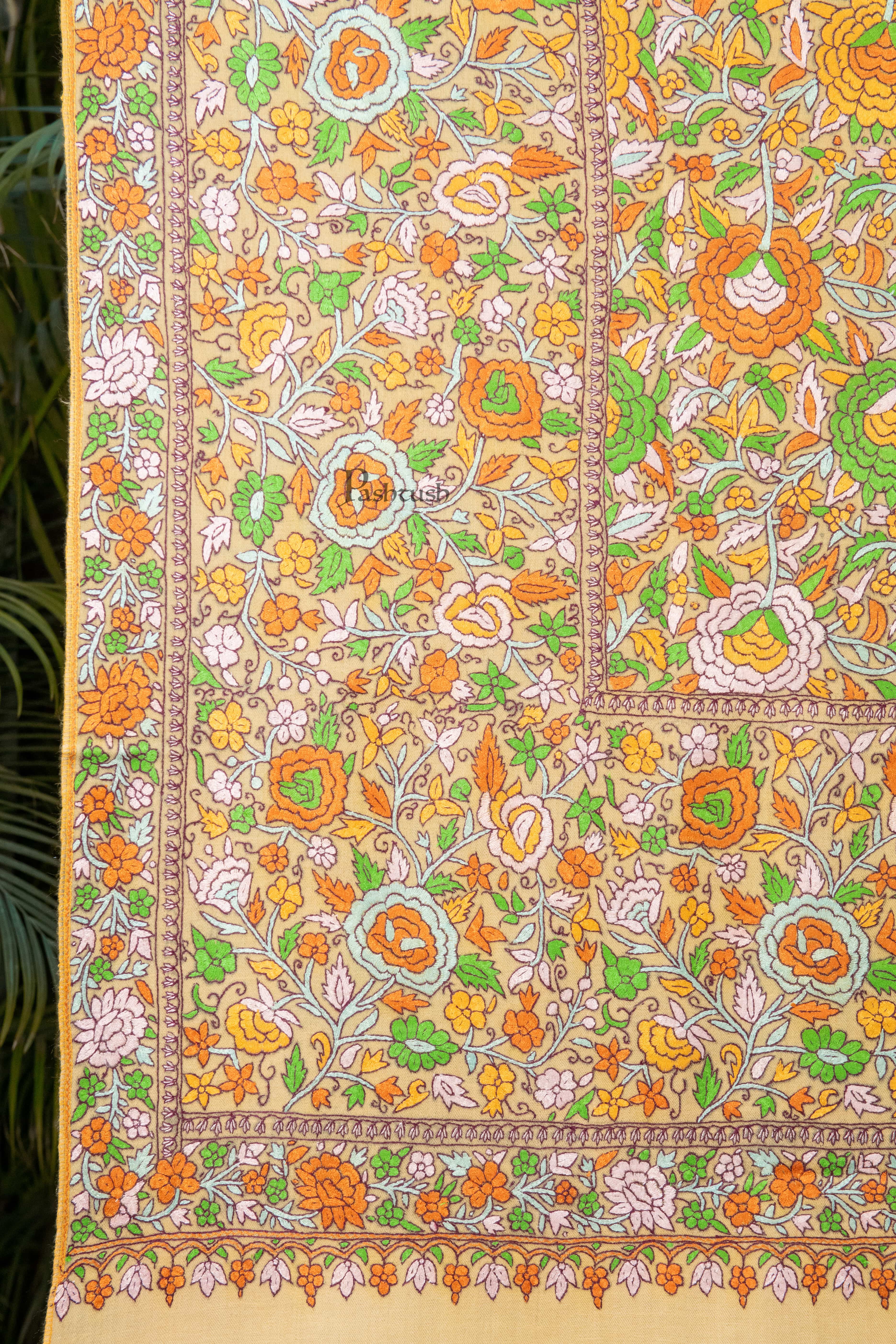 Pashtush Womens Pure Pashmina Shawl, Papier Mache Hand Embroidery, Hand Woven, Gulabdaar Design, Yellow - Image 3