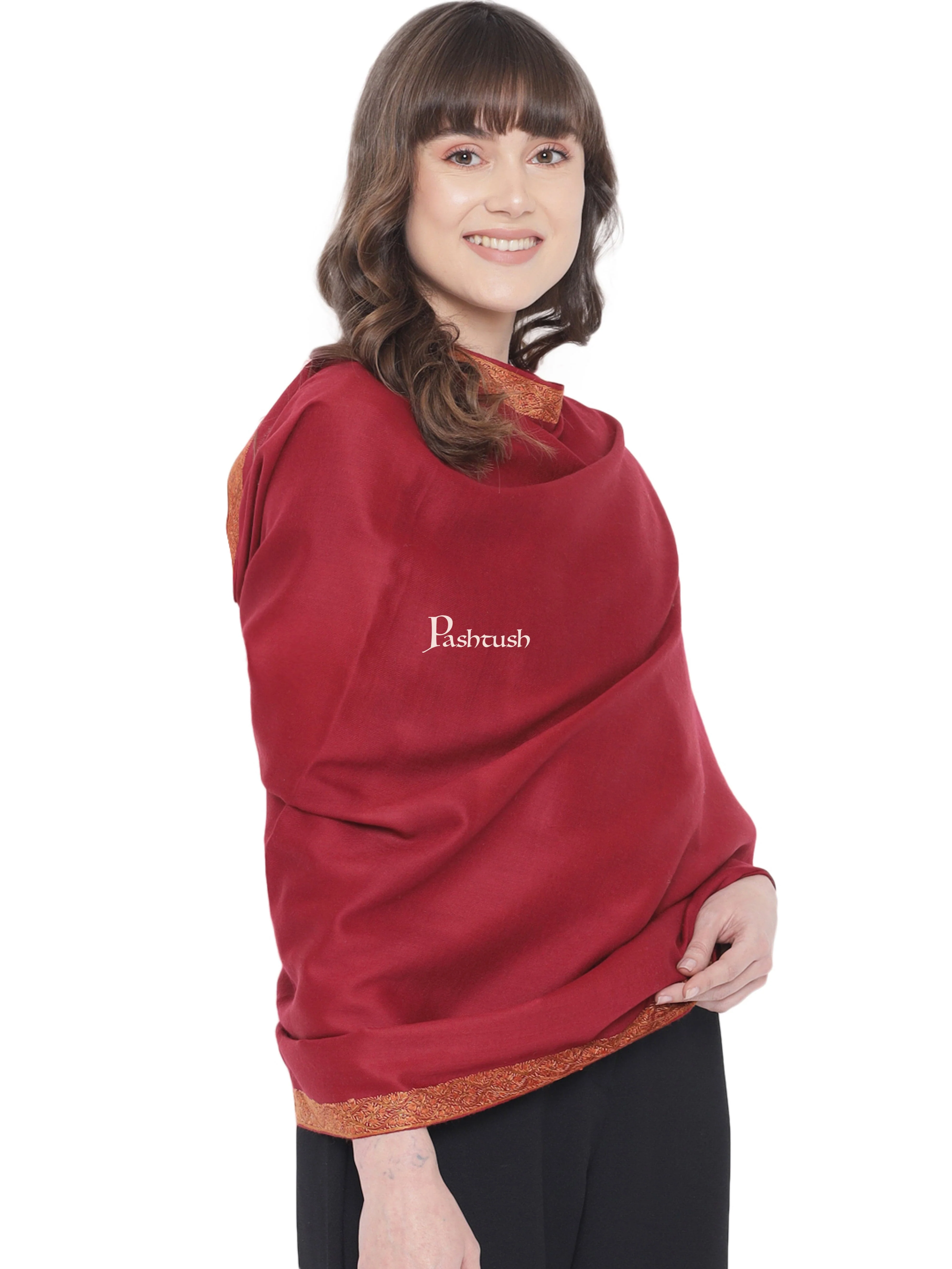 Pashtush Womens Pure Wool Embroidery Shawl, Woolmark Certificate, Hand Embroidery Neem daur, Maroon - Image 5