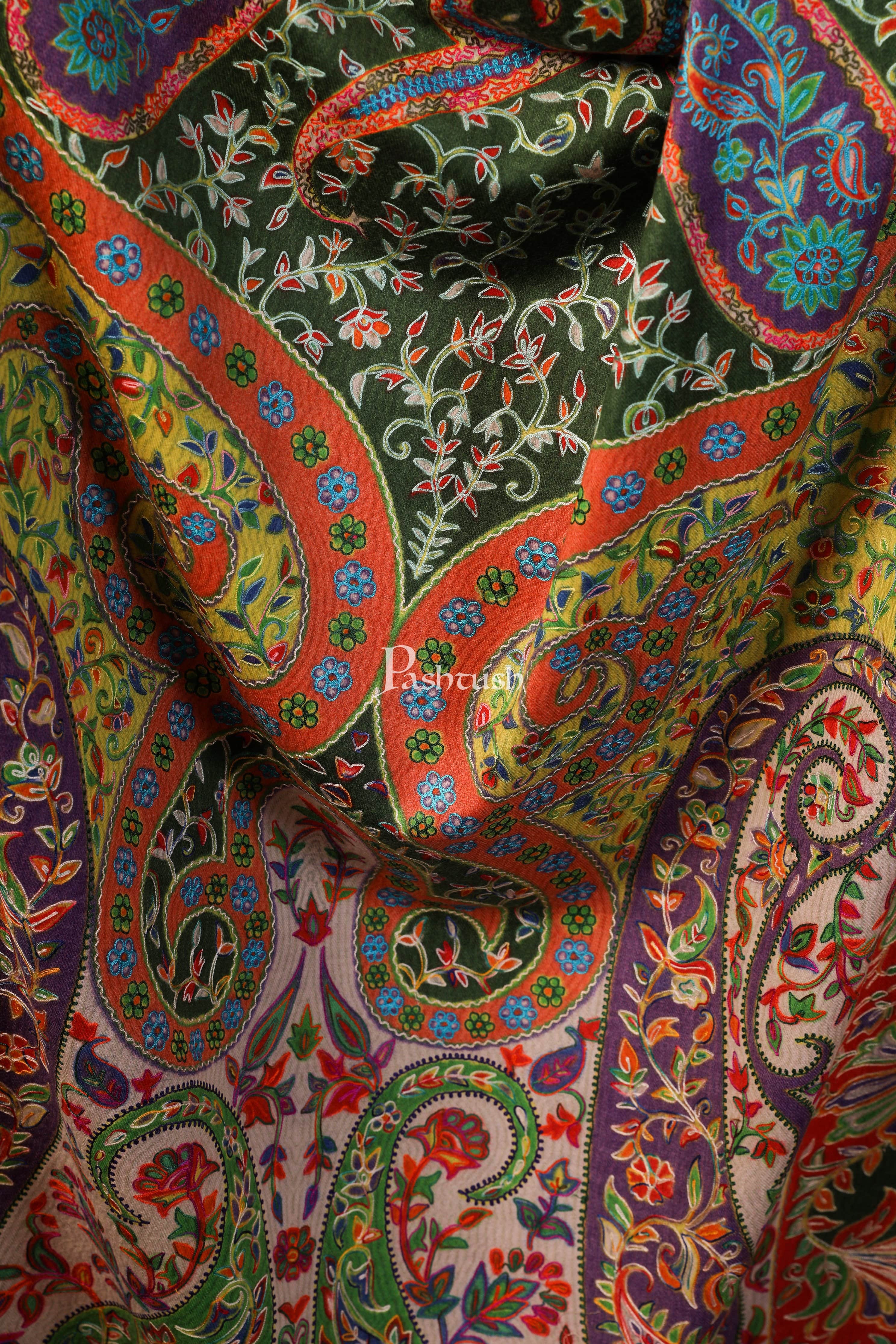 Pashtush Womens Pure Wool, Hand Embroidered Kalamkari Shawl, With Woolmark Certificate - Image 3