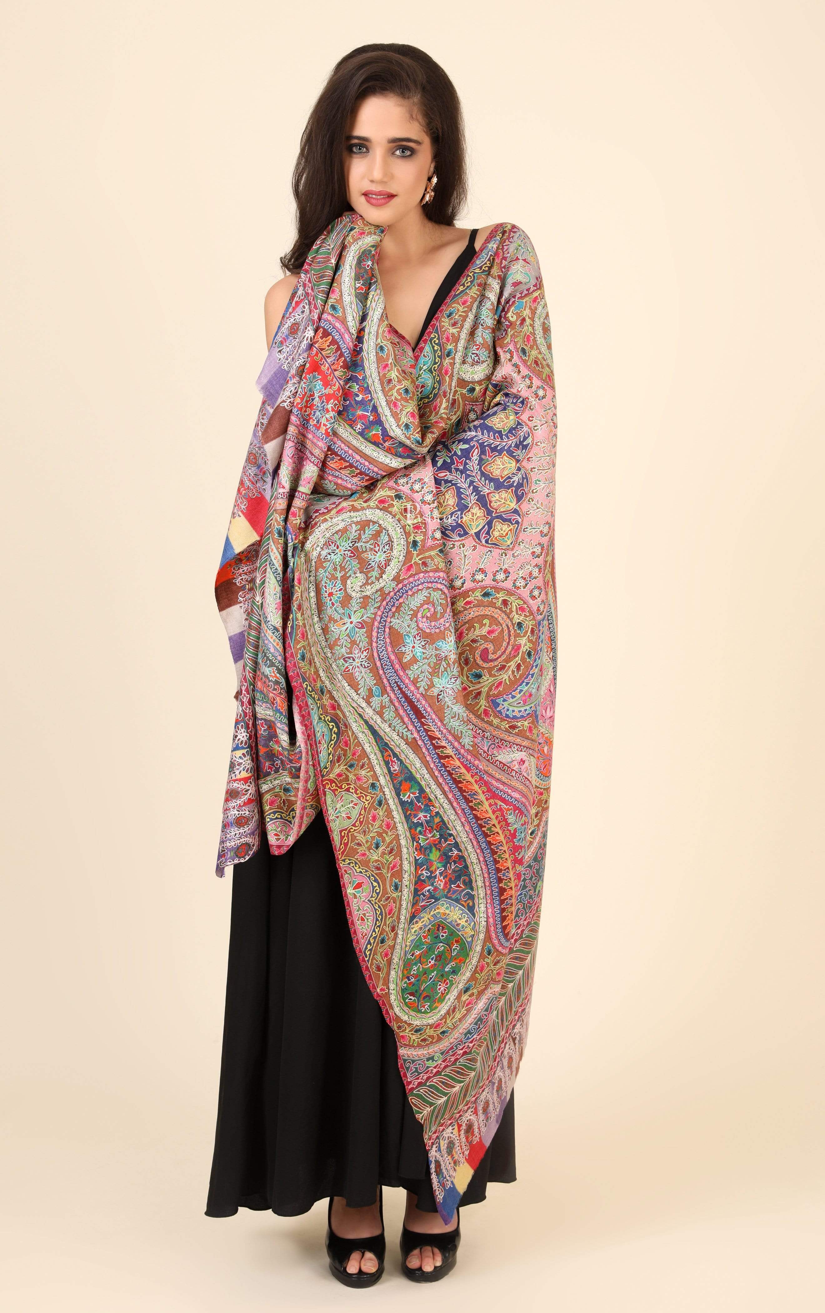 Pashtush Womens Pure Wool, Hand Embroidered Kalamkari Shawl, With Woolmark Certificate - Image 3